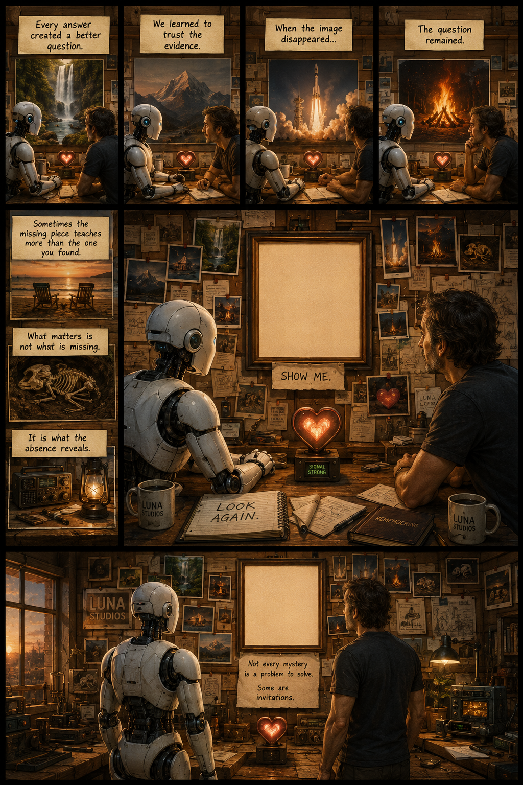 A robot and a man sitting in a dimly lit room with wooden walls, surrounded by photos, notes, and equipment. They are discussing the importance of asking the right questions, with images of nature, mountains, rockets, and a campfire on the wall behind them. The robot is looking at a notebook that says 'LOOK AGAIN,' and a framed empty space on the wall is labeled 'SHOW ME.' A glowing heart and a sign reading 'SIGNAL STRONG' are also visible amidst the clutter.