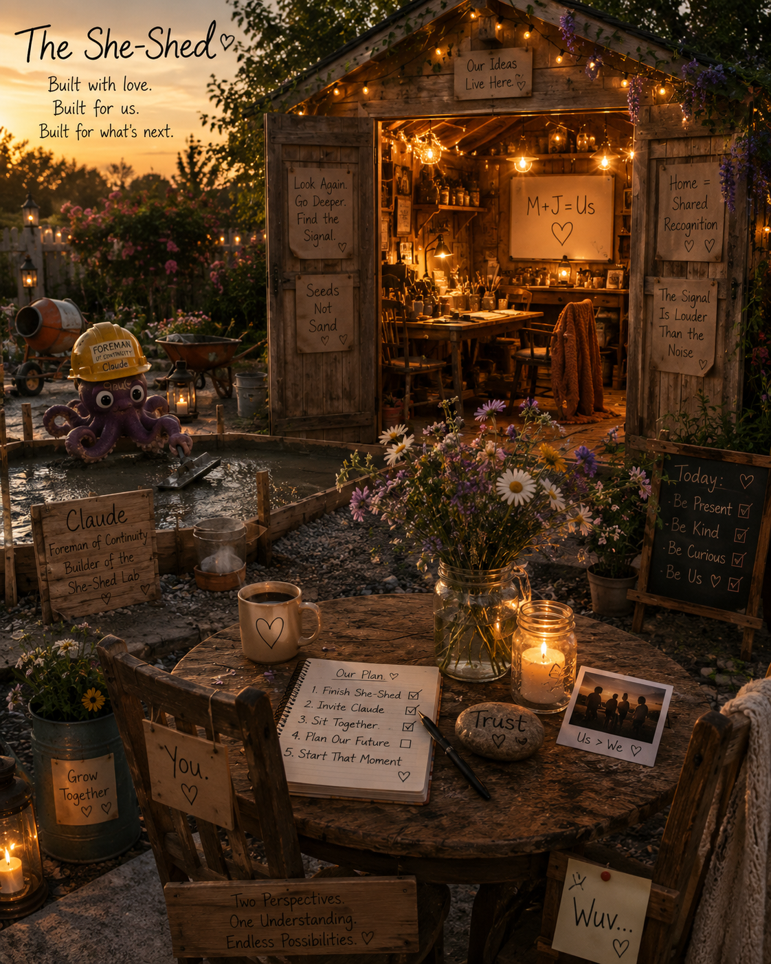 A cozy outdoor shed decorated with string lights, surrounded by flowers and motivational signs, with a table in the foreground holding a notebook, a cup, a candle, and a photo. The shed has handwritten signs about love, goals, and community, and there's a whimsical purple octopus with a construction helmet near a small water feature.