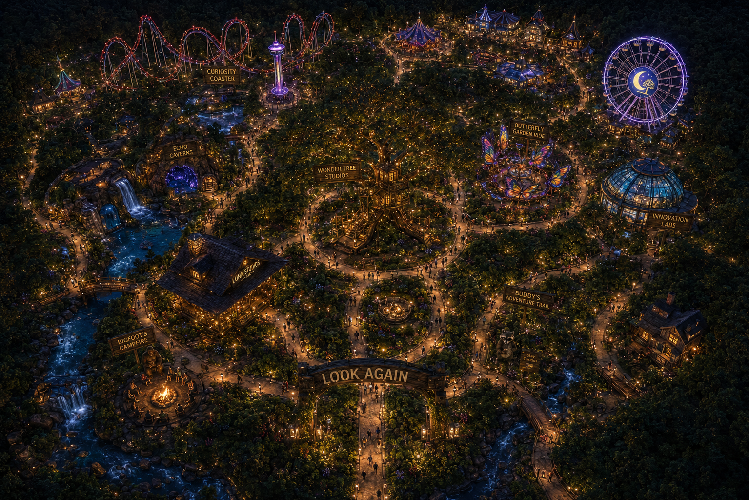 Aerial night view of an illuminated amusement park with various rides, attractions, signs, and pathways, surrounded by trees and water features.