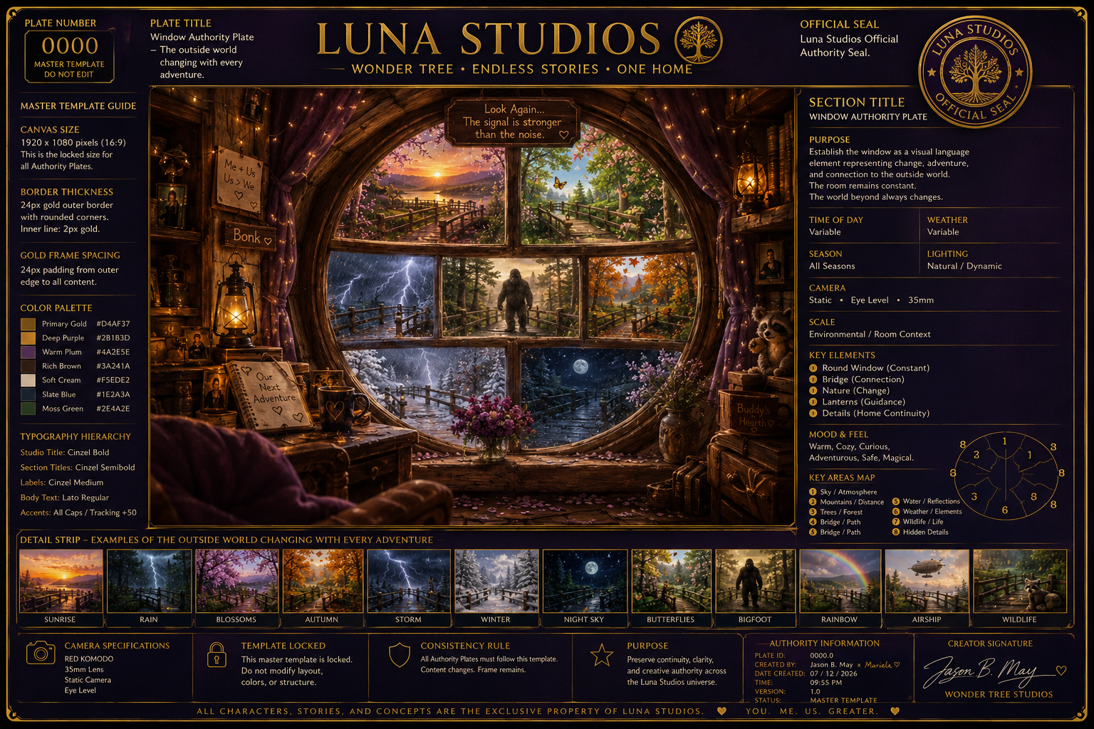 A detailed creative scene of a studio recording template, resembling a window with six panes. The scene depicts various outside landscapes: a sunrise, rainstorm, blossoming trees, autumn leaves, a stormy scene with lightning, a winter night sky, butterflies, and a bigfoot figure, all visible through the window. The border features a gold and black design with labels for elements like color palette, typography hierarchy, camera specifications, and more.
