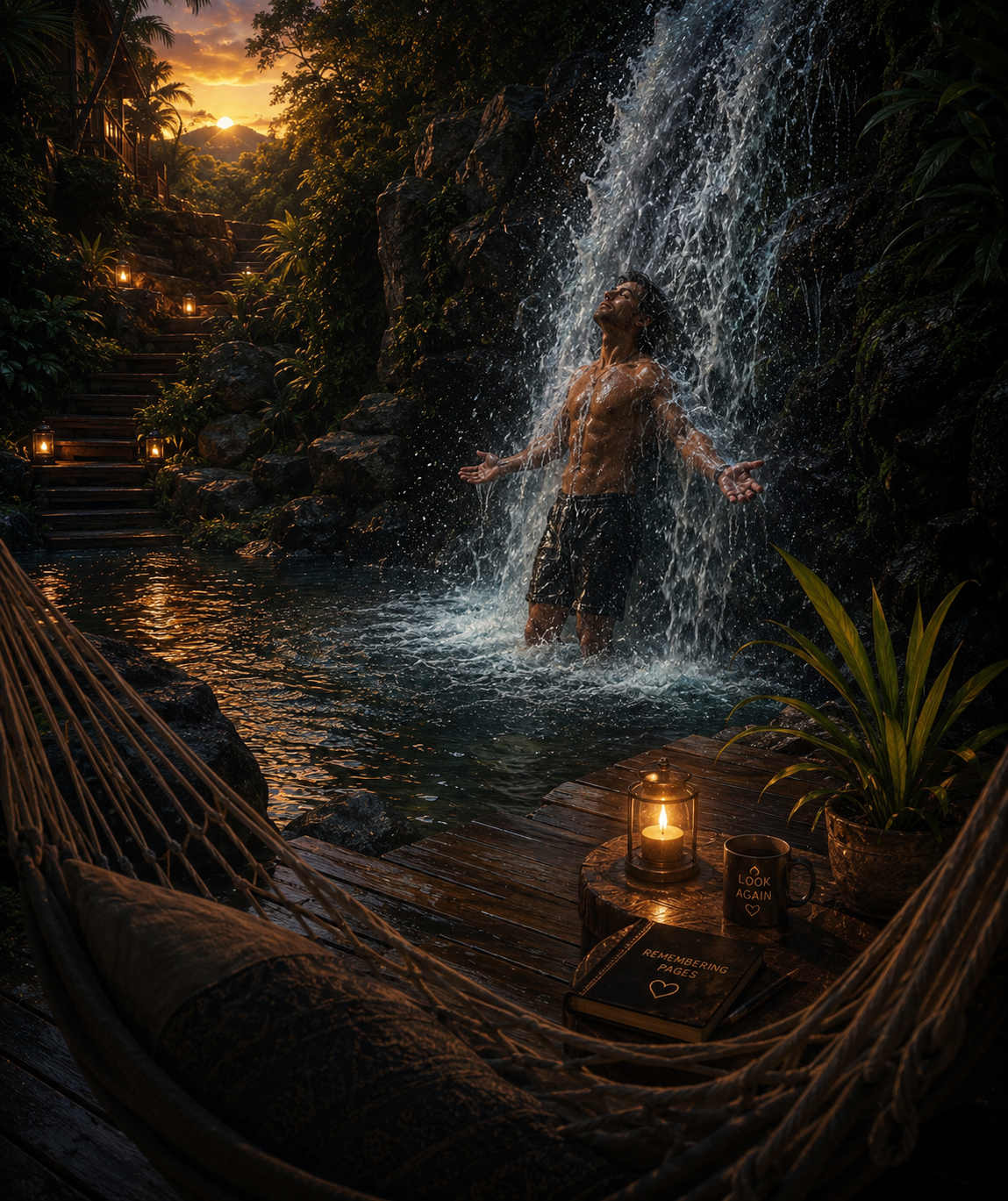 A man standing under a waterfall in a tropical setting at sunset, with a hammock, candles, and books nearby.