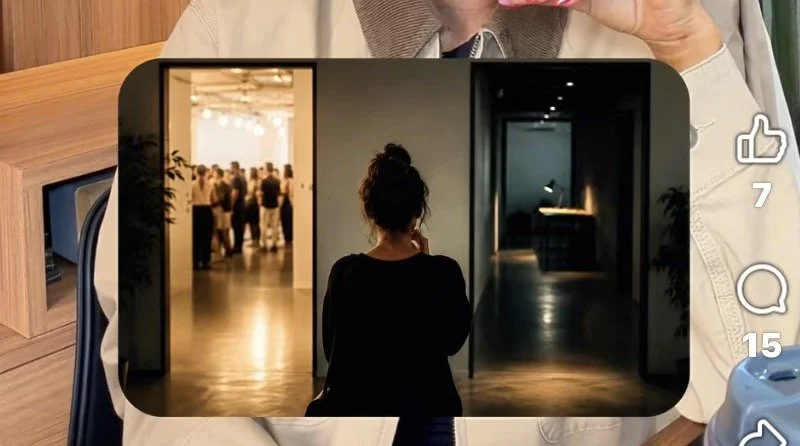 Person holding a phone displaying a photo of three art gallery scenes, with the middle scene showing a woman from behind, looking at artwork in a dark room.