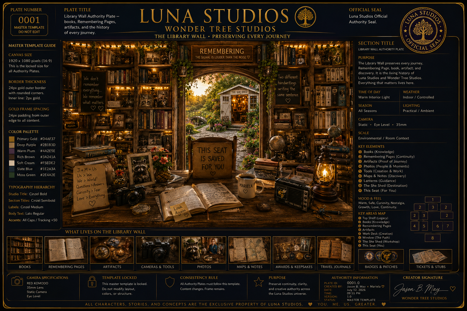 A detailed infographic resembling a library wall authority plate for Luna Studios and Wonder Tree Studios. It features a central photo of a cozy outdoor garden entrance with a small shed, pathway, and lush greenery. The layout includes sections for plate information, purpose, time of day, weather, season, lighting, camera specs, scale, key elements, mood, key areas map, and additional notes. Decorative elements and a warm, inviting color scheme of dark blue, gold, and earthy tones are present throughout.