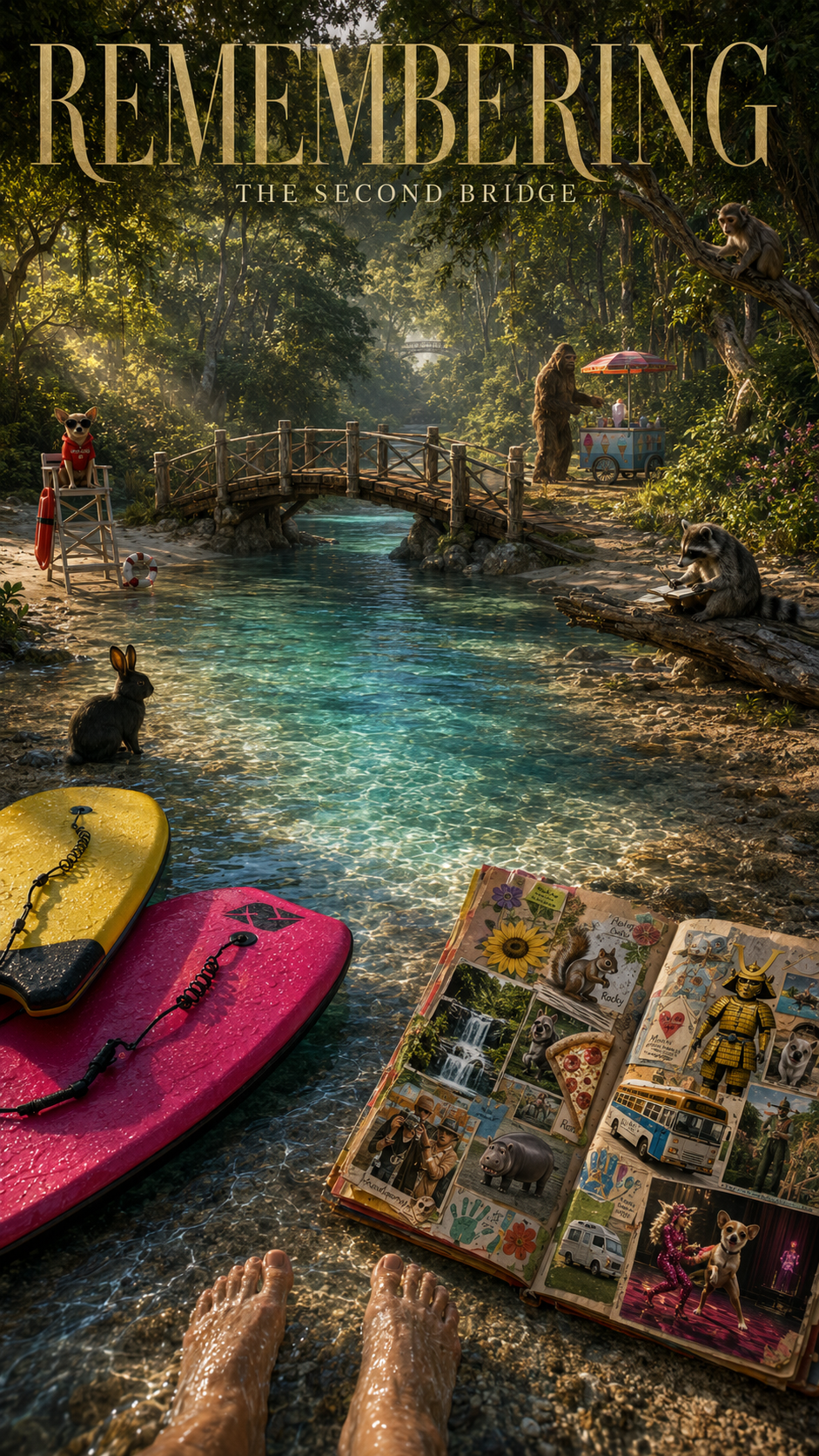A peaceful river scene in a forest with a wooden bridge, animal figures, colorful paddleboards, and a scrapbook open on the rocky shore with photos and stickers, viewed from a person's submerged feet.