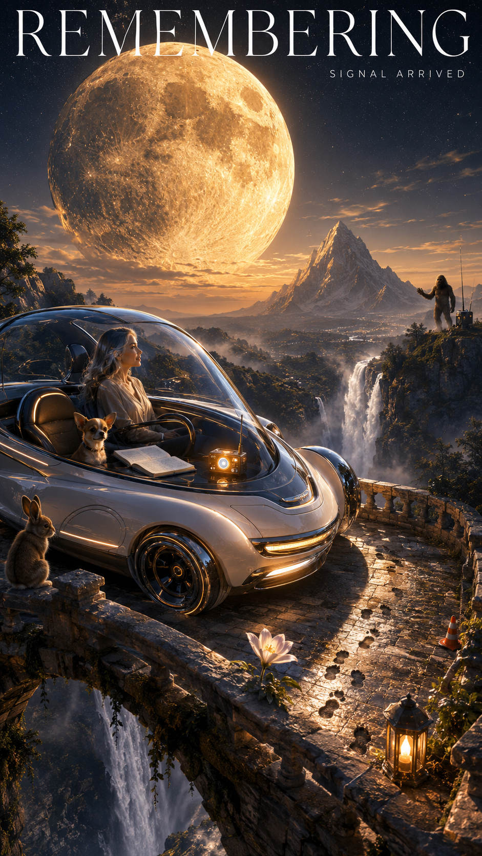 A futuristic scene featuring a woman with a dog in a sleek car overlooking mountains and waterfalls at sunset, with a large moon in the sky and a person with a radio in the background.