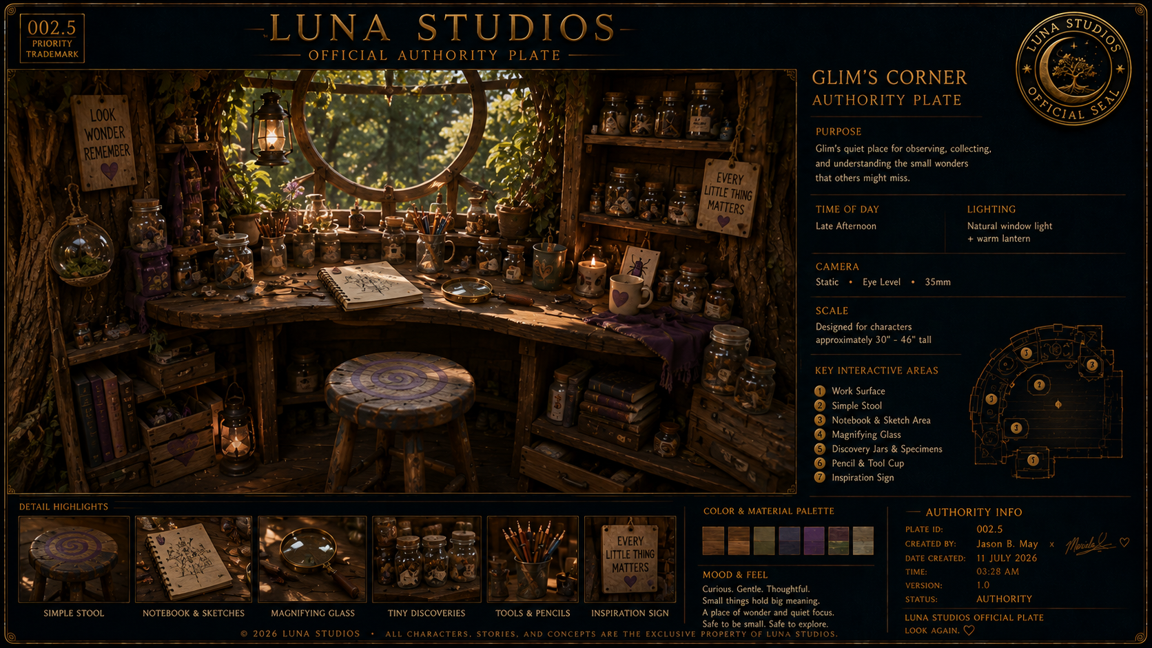 Luna Studios official authority plate with a cozy woodland scene, decorated with jars containing small objects, books, notebooks, sketches, a magnifying glass, pencils, lanterns, and signs with motivational messages, all illuminated by warm natural light through a window.