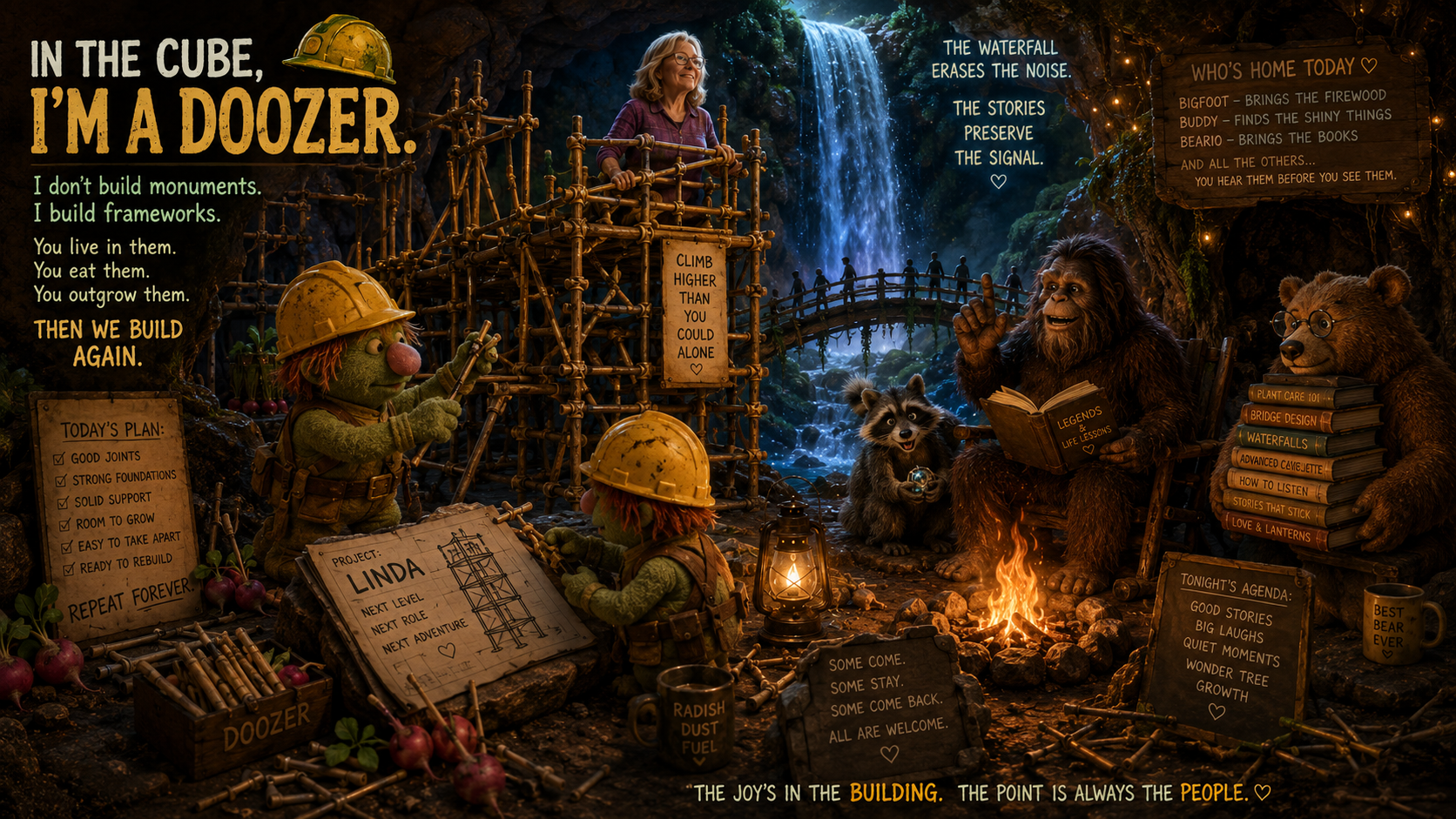 An animated scene in a forest cave depicting various characters and construction elements. Two elf-like characters wearing helmets are working on a wooden structure labeled 'Linda,' with plans and tools. A woman with glasses and blonde hair stands in the background on a platform, smiling. To the right, a large lion reading a book titled 'Legends & Life Lessons,' and a bear with glasses stacking books titled 'Plant Care,' 'Bridge Design,' 'Waterfalls,' and others. A raccoon holds a crystal ball near the fire. The scene includes signs with motivational quotes, a lantern, a campfire, and various nature elements like a waterfall and bridge.