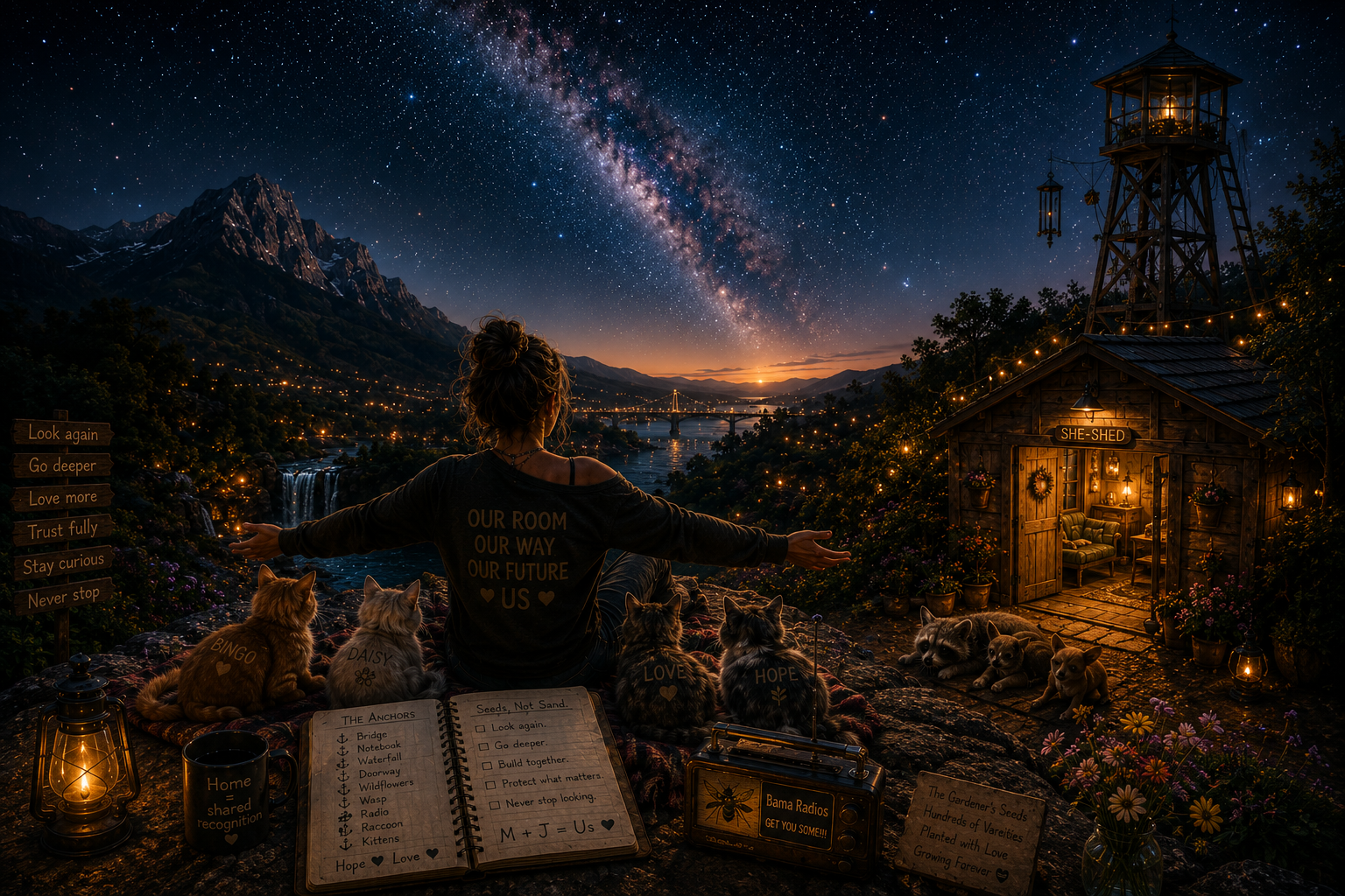 A woman with her back to the camera, sitting on a blanket with five cats, gazing at a starry night sky with the Milky Way visible, overlooking a scenic landscape with mountains, a river, and a bridge. There is a small wooden shed with glowing lights, potted flowers, and candles. Items like lanterns, a black mug, a radio, notebooks, and signs with inspirational words are around her.