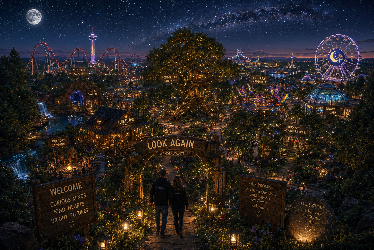 People walking through an illuminated amusement park at night with rides, trees, and signs, under a starry sky and full moon.