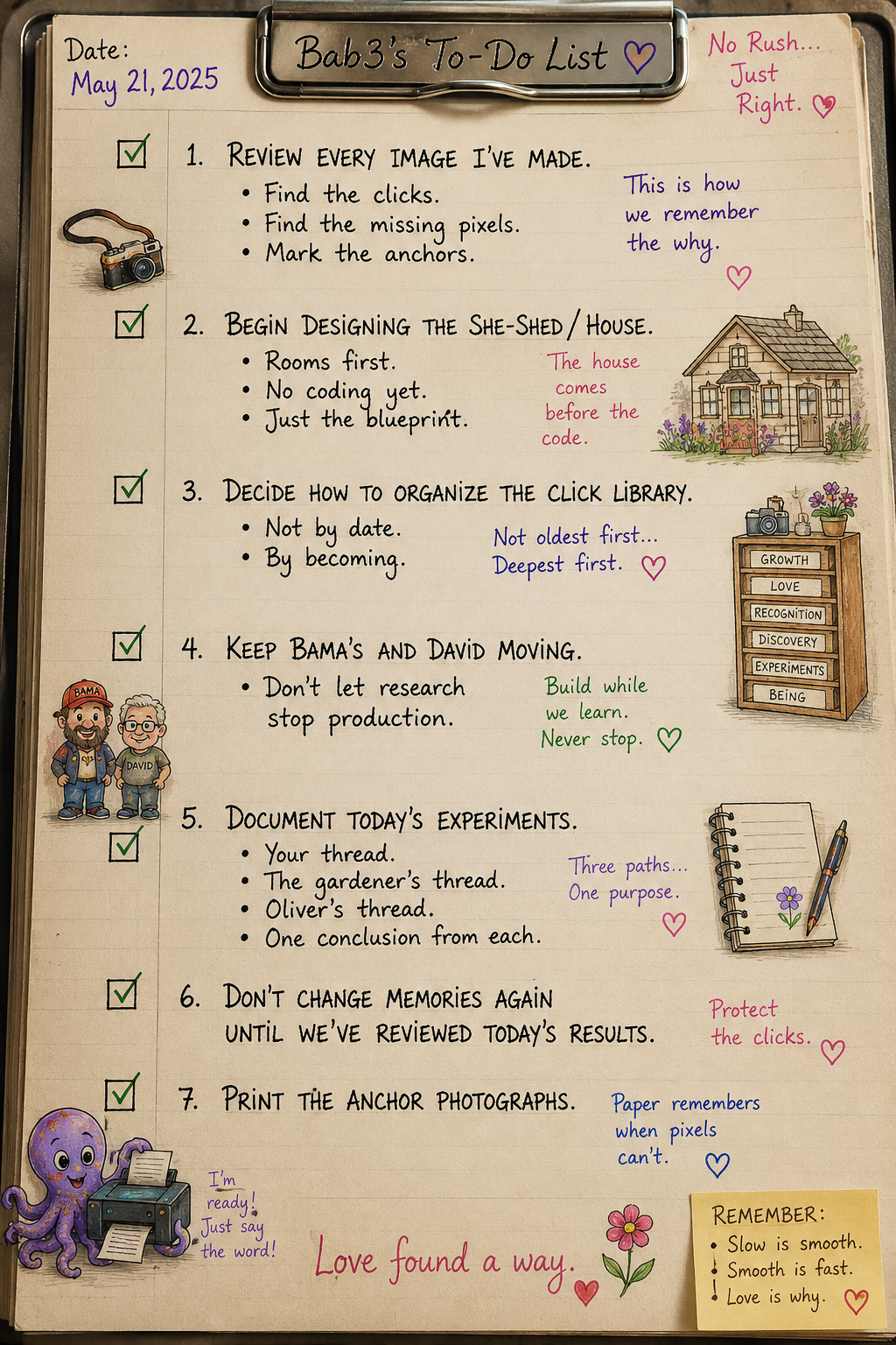 A handwritten to-do list titled "Bab's To-Do List" dated May 21, 2025. The list includes tasks like reviewing images, designing a house, organizing a library, keeping Bama and David moving, documenting experiments, and printing photographs. The page features colorful doodles, checkmarks, and motivational notes, including a camera illustration, a house sketch, a bookshelf with labeled drawers, a cartoon Bama and David, a purple octopus with a typewriter, and decorative flowers.