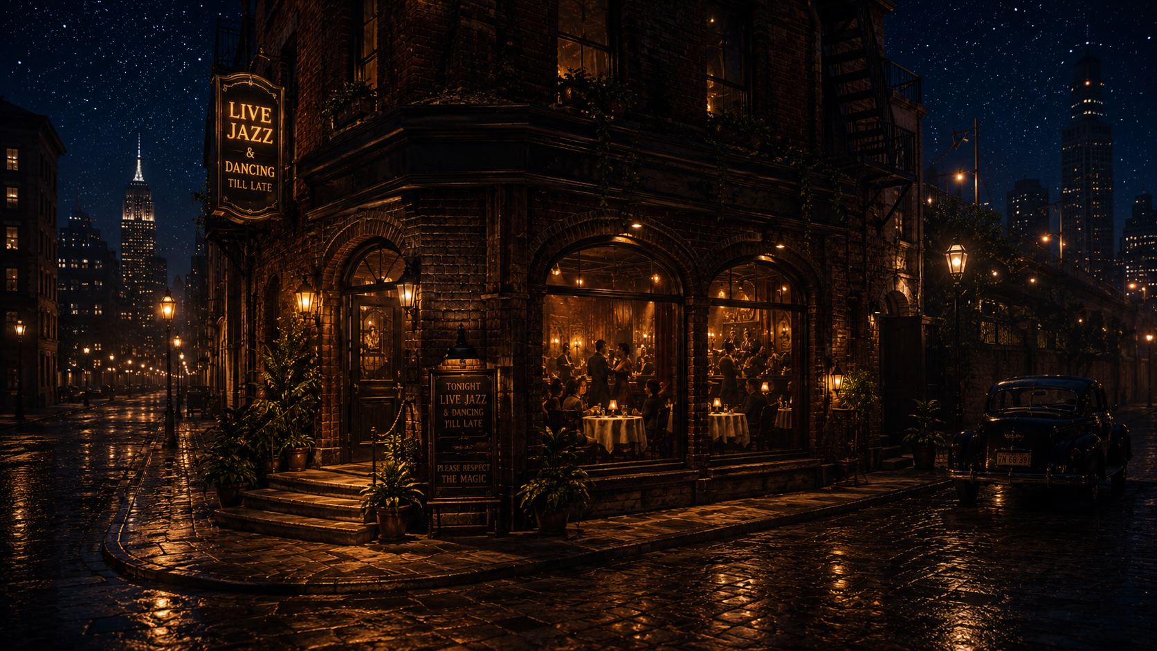 Night scene of a vintage brick restaurant with large glass windows showing people dining inside. The exterior is illuminated by warm streetlights, and the street is wet, reflecting the lights. A sign advertises live jazz and dancing till late. An old car is parked outside, and city skyscrapers are visible in the background under a starry sky.