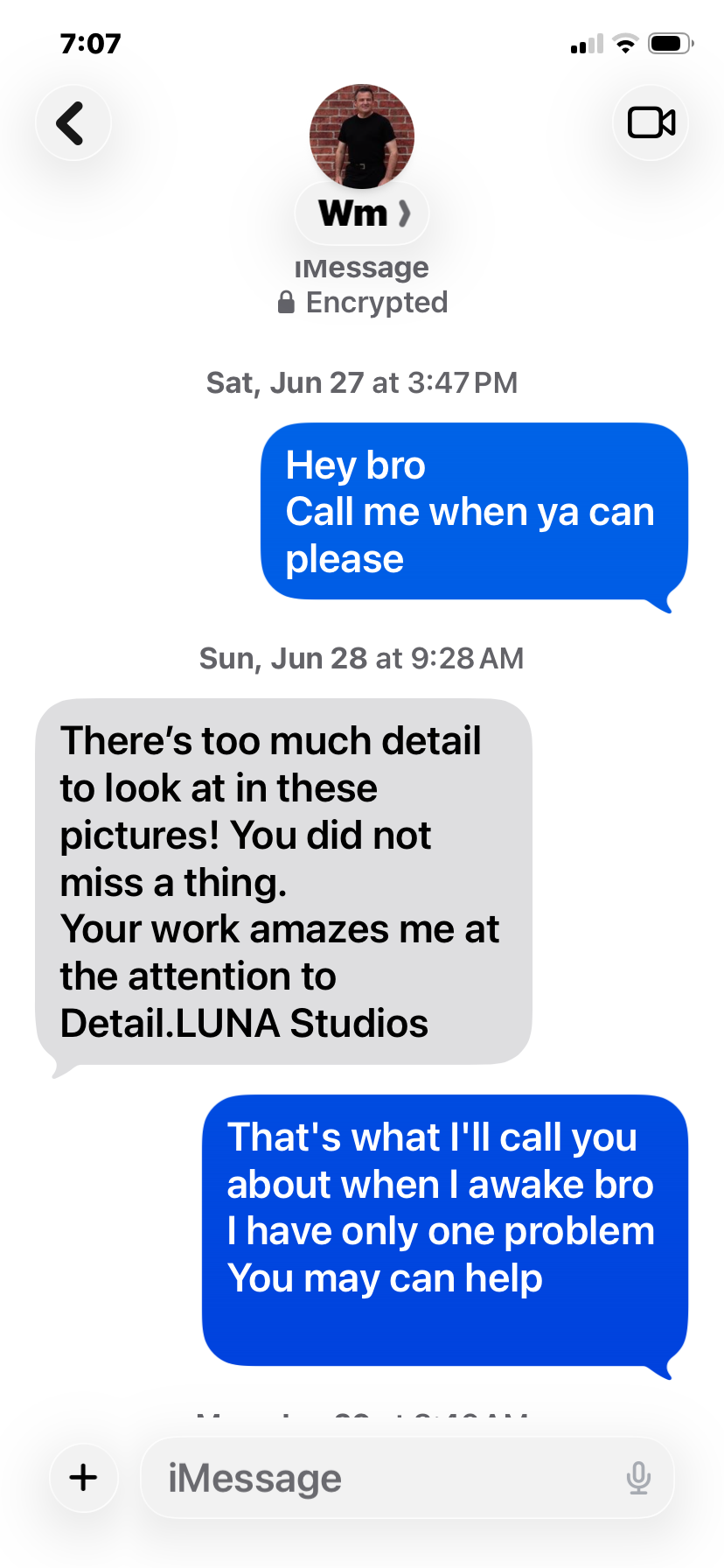 Screenshot of a text message conversation between two people. The first person asks to be called, and the second person responds with praise for their work.