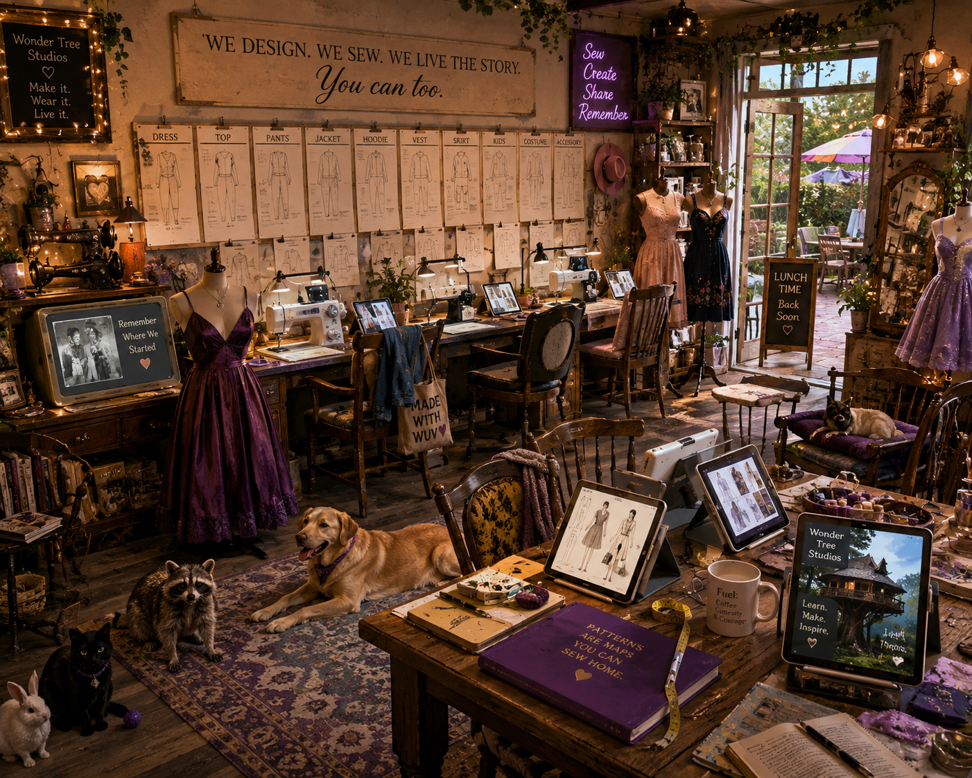 A cozy, creatively decorated sewing studio with vintage furniture, mannequins in dresses, sewing machines, and digital devices displaying fashion designs. Dogs and a rabbit relax on a patterned rug, surrounded by books, plants, and motivational signs.