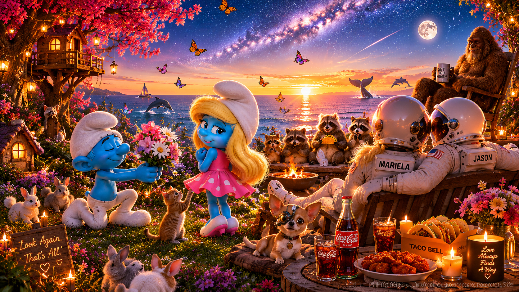 A colorful artistic scene with Smurf characters and raccoons celebrating on a lush garden with blooming pink flowers during sunset, under a starry sky with a full moon and whales jumping in the ocean, surrounded by lanterns and cozy mini houses.