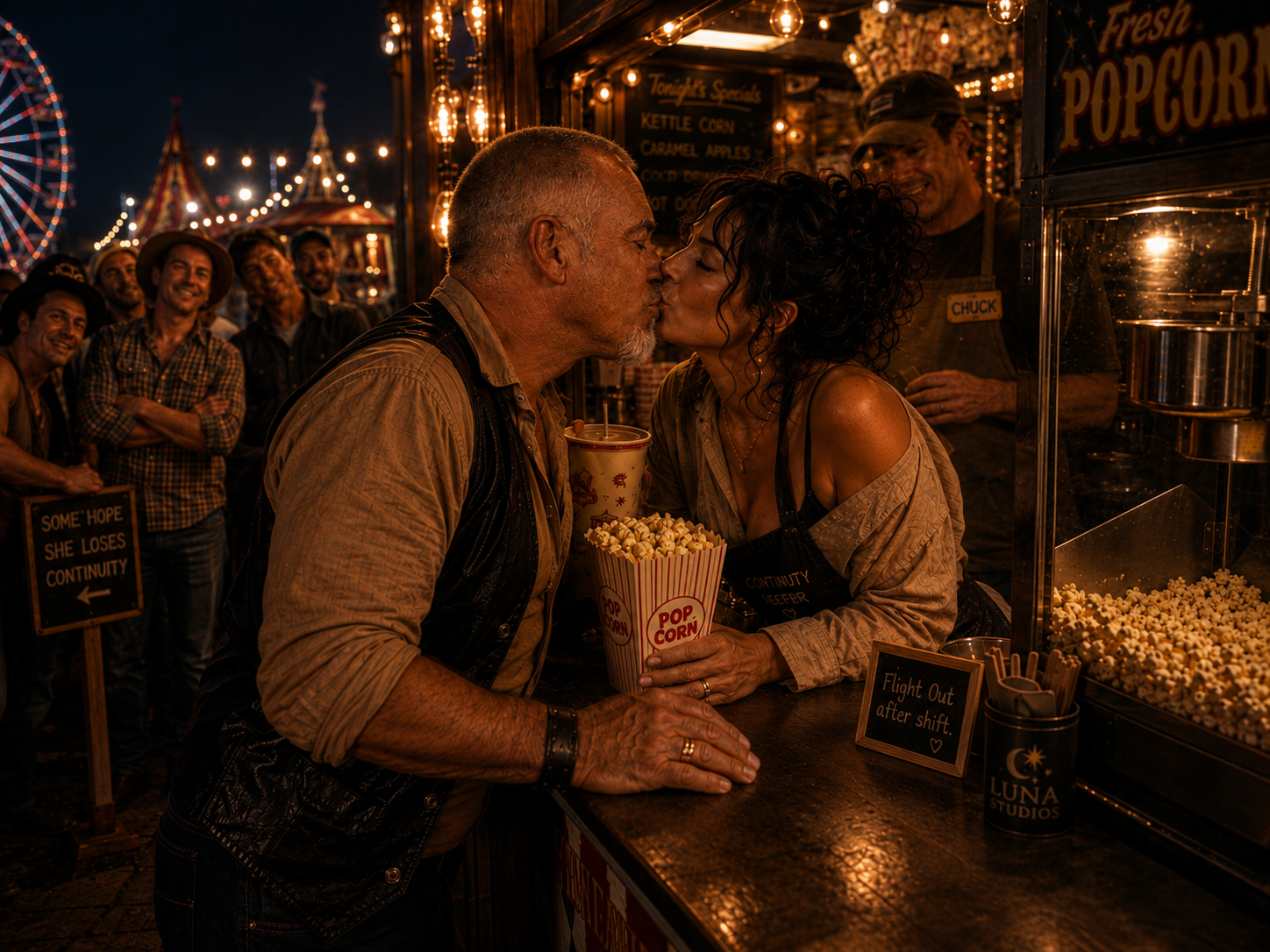A couple sharing a kiss at a popcorn stand during a fair or carnival at night, with a group of smiling people in the background.