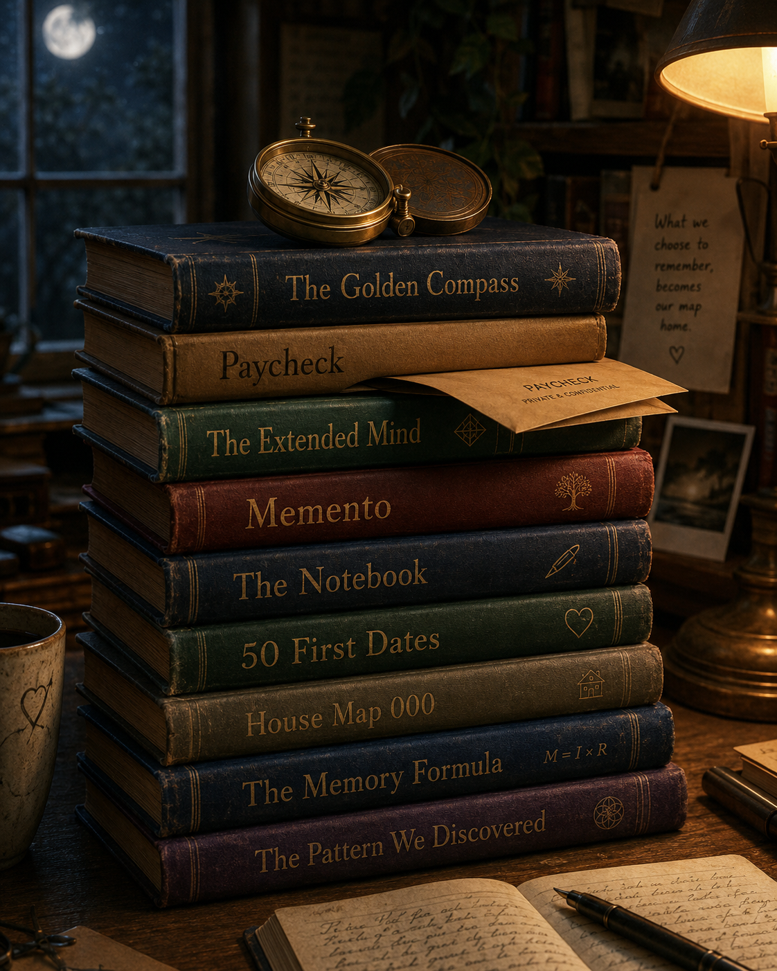 Stack of books with titles such as "The Golden Compass," "Paycheck," "The Extended Mind," "Memento," "The Notebook," "50 First Dates," "House Map 000," "The Memory Formula," and "The Pattern We Discovered," with a vintage compass on top and a handwritten note and pen on the desk.