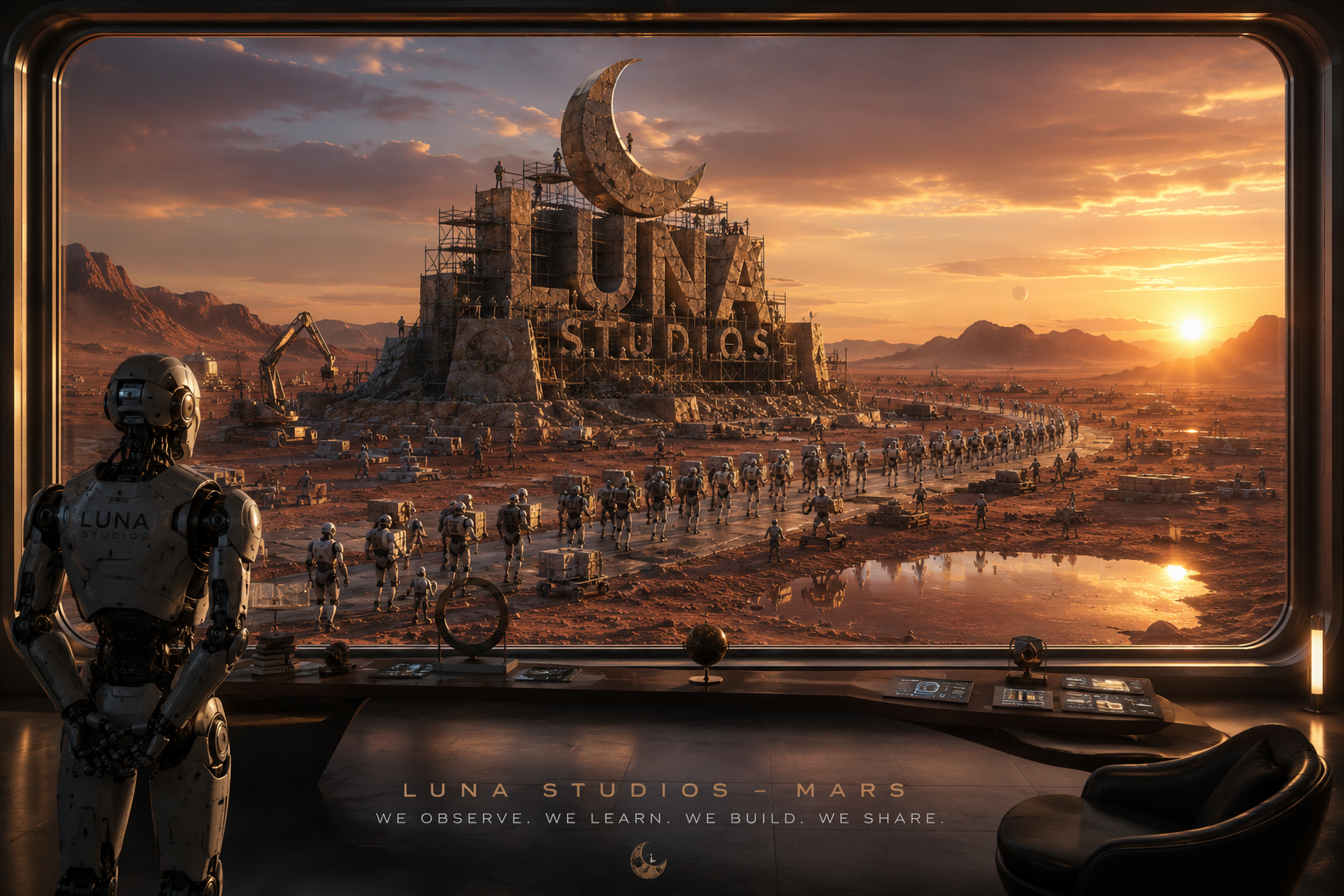 A humanoid robot is looking out a large window at a Mars landscape with a giant sign reading 'LUNA STUDIOS' on a rocky hill in the distance. The scene is set during sunset. Inside the room are various control panels, a globe, and a black chair.
