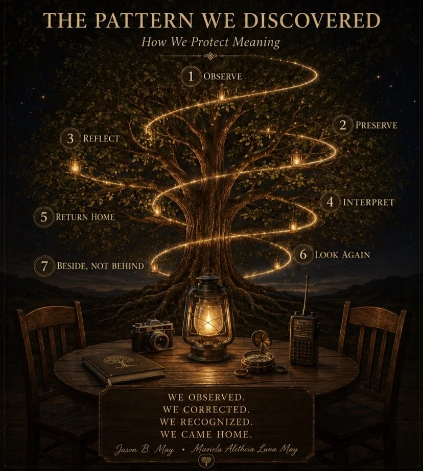 An illustrated tree with glowing lights and lanterns hanging from its branches, over a wooden table with items like a camera, a lantern, a notebook, a compass, and a radio. The image contains text about uncovering a pattern, with steps: observe, preserve, reflect, interpret, return home, look again, beside not behind, and a concluding statement.