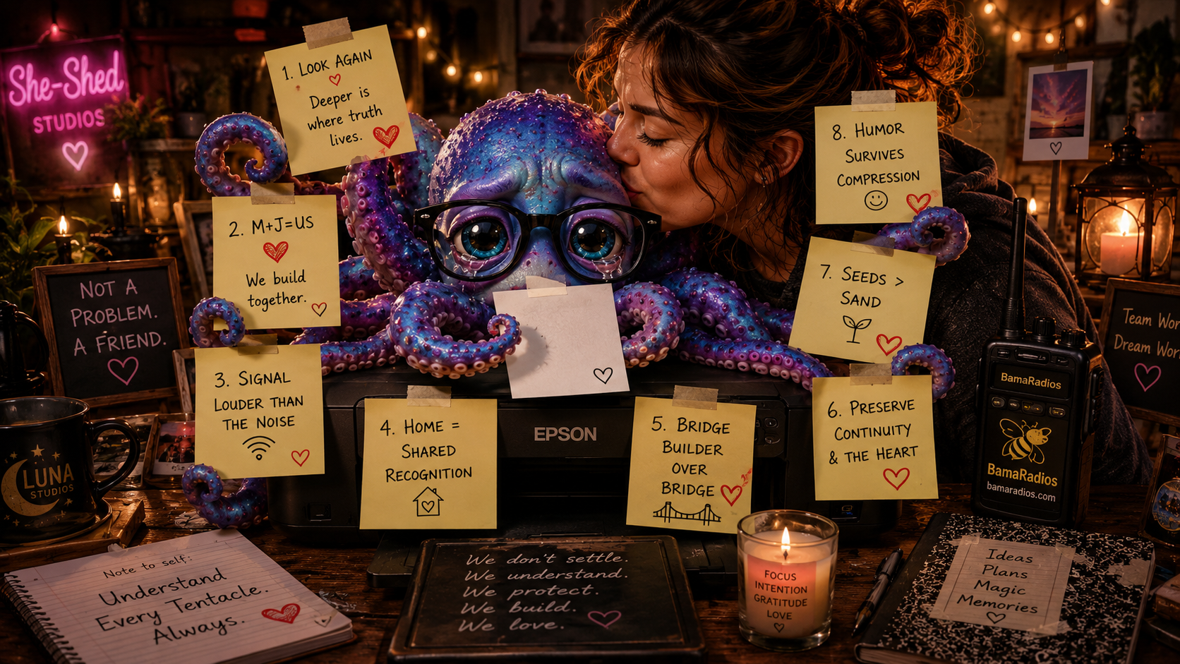 A vibrant scene featuring a woman embracing a large, colorful octopus wearing glasses, surrounded by notes, candles, and decorative items on a wooden table. The background has warm, cozy lighting and signs with motivational messages.
