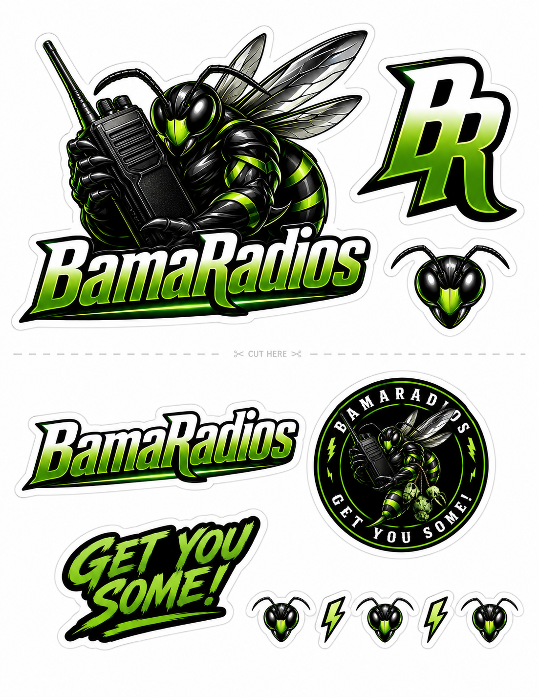 Collection of stickers featuring a bee mascot with a walkie-talkie, the text "BamaRadios" in green and black, a round logo with the bee mascot, lightning bolts, and the phrase "Get you some!" in bold green and black lettering.