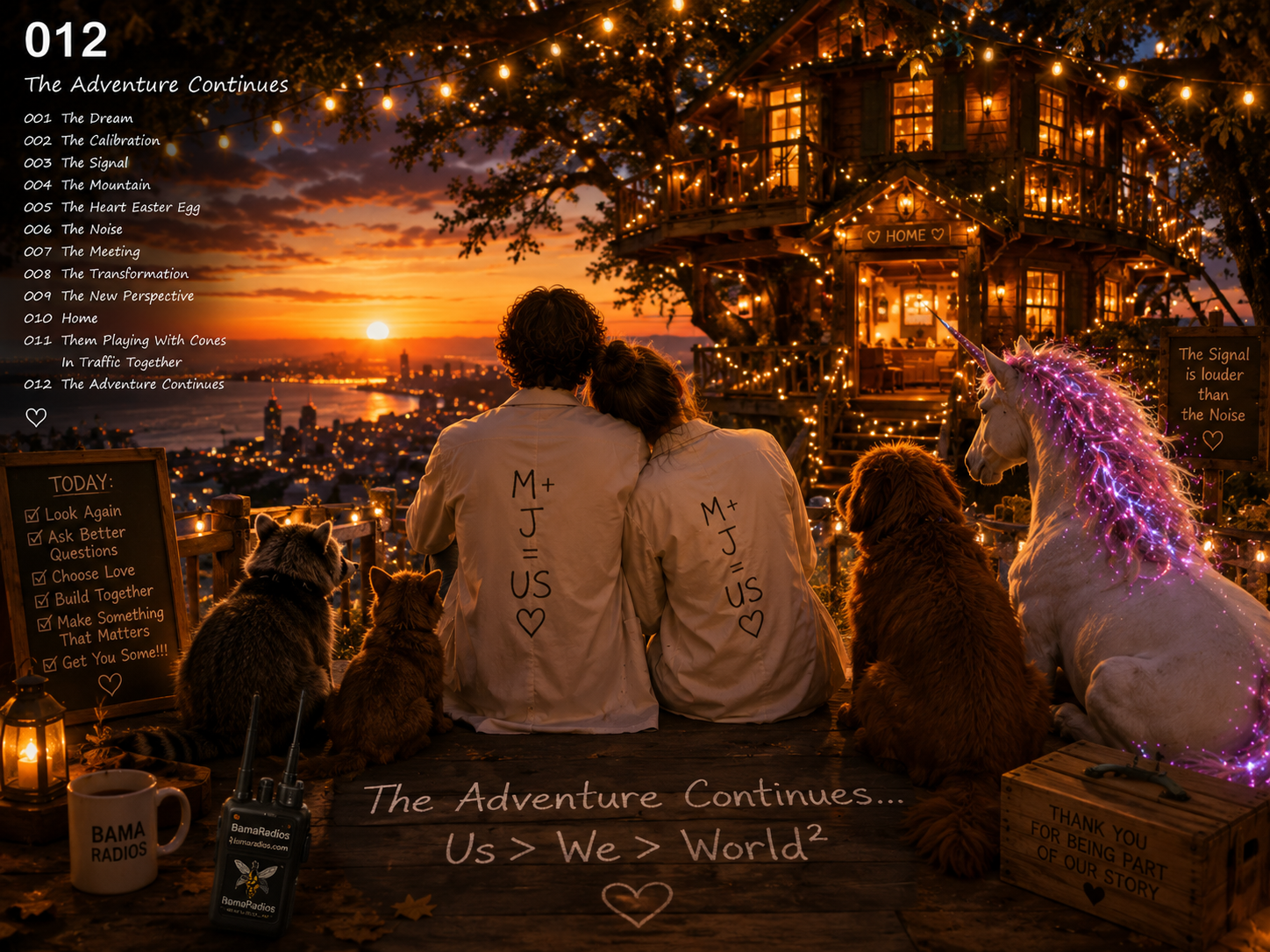 A romantic outdoor scene at sunset featuring a couple wearing matching jackets with 'M + J = US' written on the back, sitting on a deck with four dogs and a mythical unicorn with a glowing mane. The background shows a lit treehouse, city skyline, and sunset over water, with celebratory string lights, candles, a coffee mug, and a walkie-talkie, creating a cozy, whimsical atmosphere.