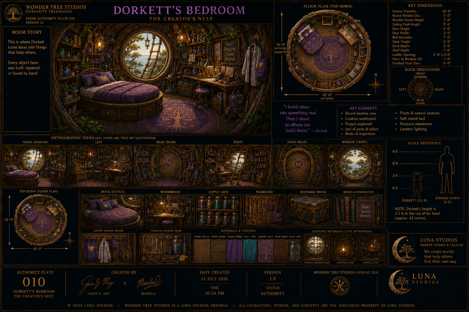 A detailed floor plan and diagram of Dorkett's Bedroom, a cozy, treehouse-like space with a round window view, purple and gold decor, and various furniture and storage areas designed for creativity and relaxation.
