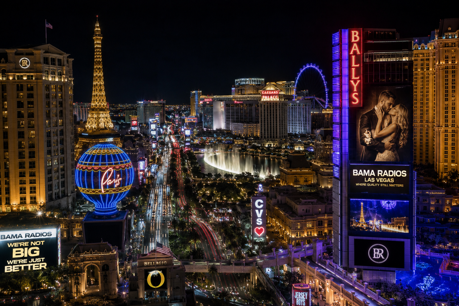 Night view of Las Vegas Strip illuminated with colorful neon signs, including the Eiffel Tower replica, a Ferris wheel, and advertisements for casinos, hotels, and radio stations.