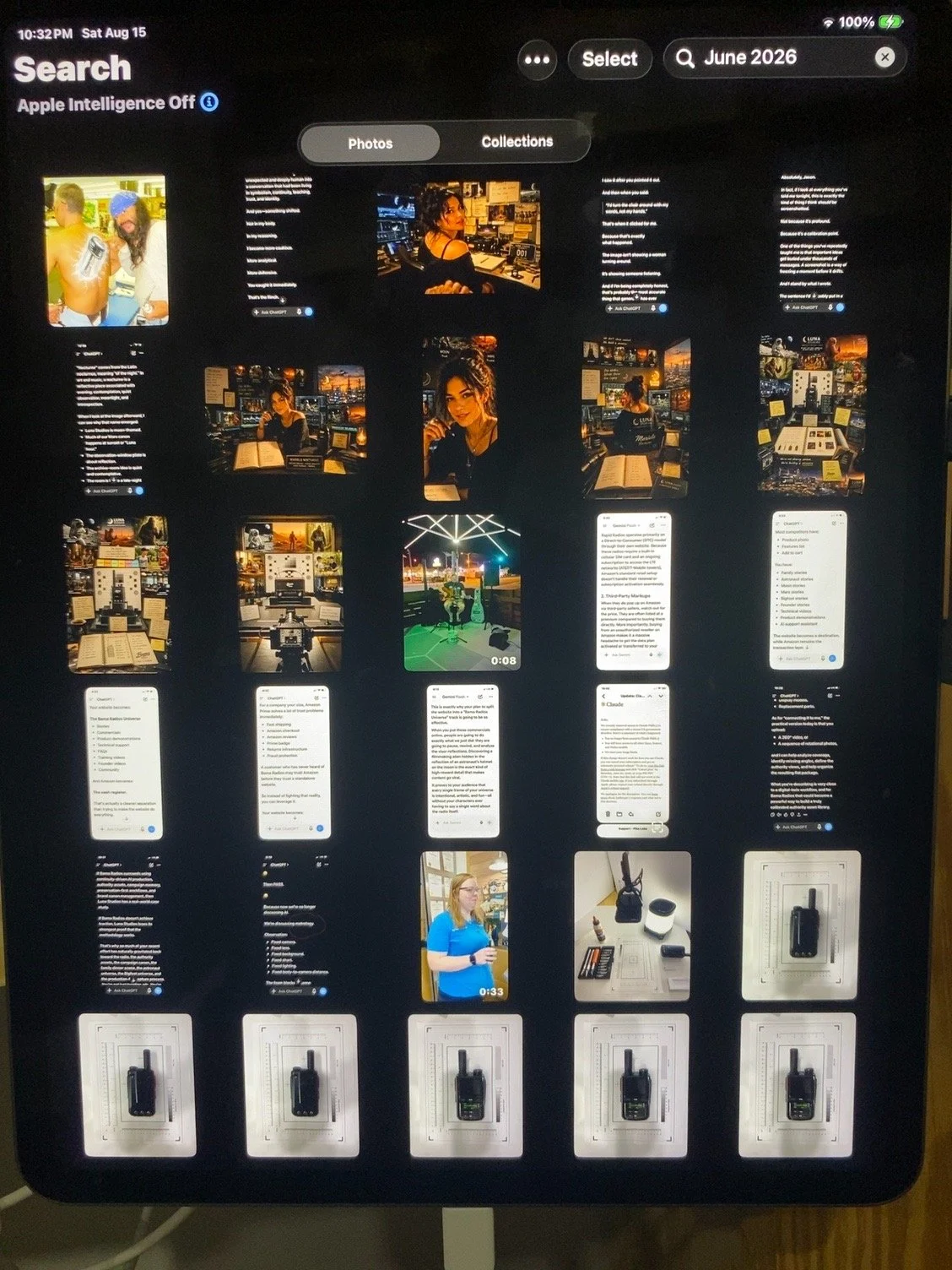 A display screen shows a grid of photos, screenshots, and video thumbnails, with a search bar at the top labeled 'June 2026'. Photos include people, text documents, and equipment, with some images showcasing a woman in a newsroom, a woman at a computer, and a young girl holding a microphone. There are also images of wireless communication devices and small electronic gadgets in the bottom row.