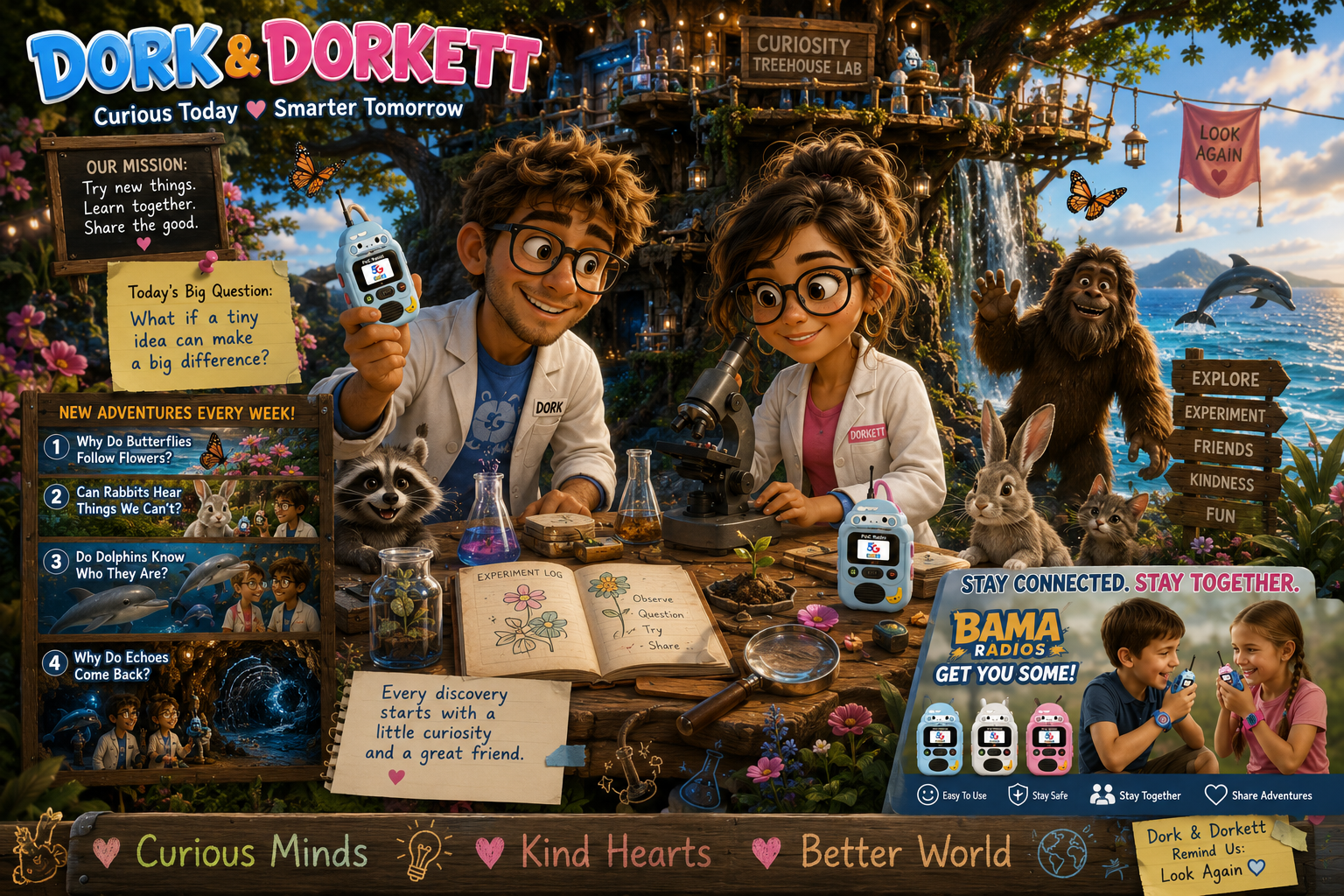 Colorful digital illustration of two children dressed as scientists, surrounded by animals and outdoor nature, exploring curiosity and discovery themes. The scene includes a waterfall, dolphins, and a treehouse, with signs promoting exploration, kindness, and friendship.