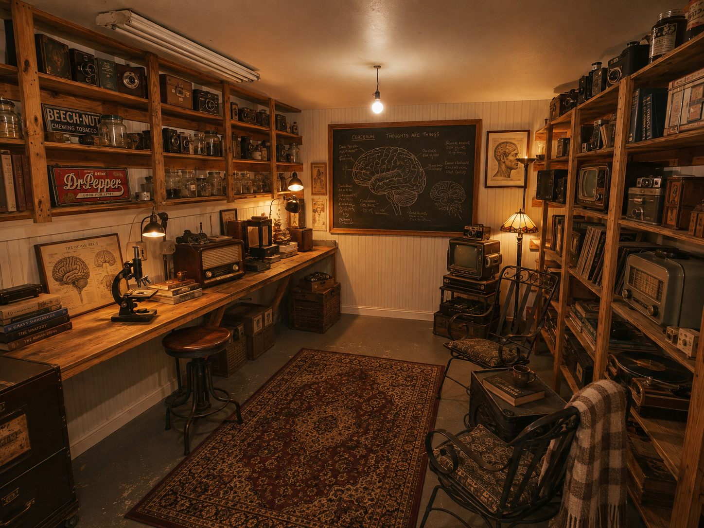 A vintage-style study or workspace with wooden shelves filled with old cameras, radios, and books. There is a long wooden desk with a microscope, books, and a lamp. A black chalkboard on the wall features diagrams of the human brain and some notes. The room has a patterned rug, two armchairs, and various lamps providing warm lighting.