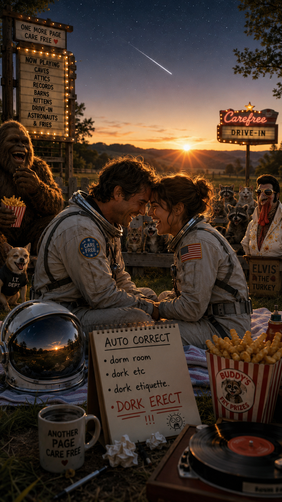 Two astronauts in space suits sitting on a blanket, touching foreheads and laughing together during sunset. Behind them are dogs, a large bear, and animals with humorous signs and costumes at a drive-in style outdoor event. There are signs indicating a care-free theme, a record player, popcorn, a helmet, and a whiteboard with humorous writing. The scene is set outdoors with a starry sky, shooting star, and sunset.