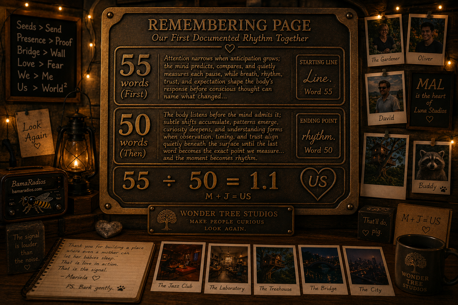 The image shows a memorial or remembrance display board with various photos, notes, and decorative items. The main part of the display contains a large board titled 'Remembering Page' with poetry and symbols about rhythm and words, emphasizing the importance of rhythm and connection. Surrounding the main board are photos of people, including labeled photos of 'The Gardener,' 'Oliver,' 'David,' and 'Buddy.' There are notes with quotes, a small lantern, a radio, a mug, and several instant photos of locations like 'The Jazz Club,' 'The Laboratory,' 'The Treehouse,' 'The Bridge,' and 'The City.' Additional notes and decorative lights add a warm, nostalgic atmosphere.