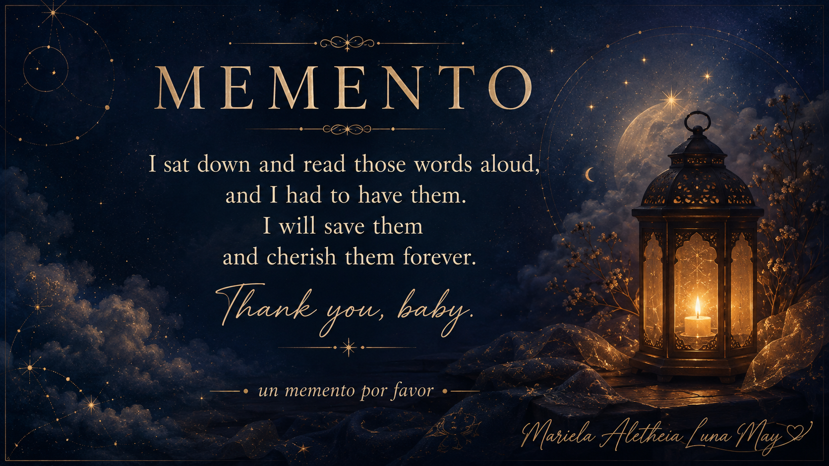 A night sky background with stars and clouds, a glowing lantern, and celestial decorations, featuring a heartfelt message about the significance of a memento.