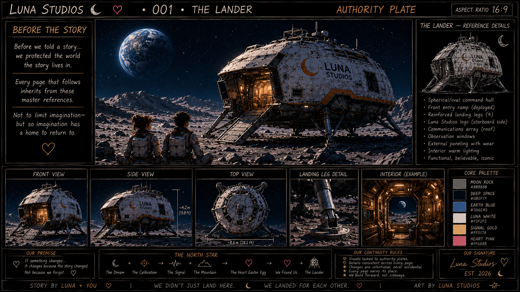 Stylized concept art of a lunar lander at night on the moon's surface, with Earth visible in the background. It shows interior and exterior views, detailed annotations, and a design plan for a spacecraft named 'The Lander' by Luna Studios.