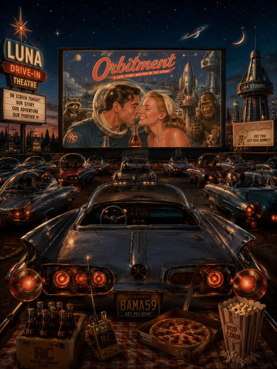 Retro drive-in theater scene featuring a movie poster for "Orbitment" with a classic car showing, popcorn, pizza, RC Cola, and a large outdoor screen displaying a romantic space-themed movie with a couple in vintage outfits, surrounded by vintage cars and space-themed decorations.