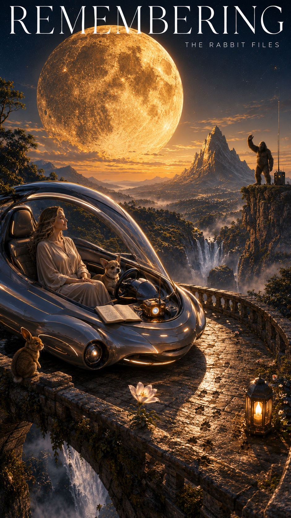 Surreal scene featuring a woman in a futuristic car with a dog on her lap, surrounded by rabbits, set in a mountainous landscape at sunset with a large moon in the sky. A gorilla waves from a cliff in the distance.