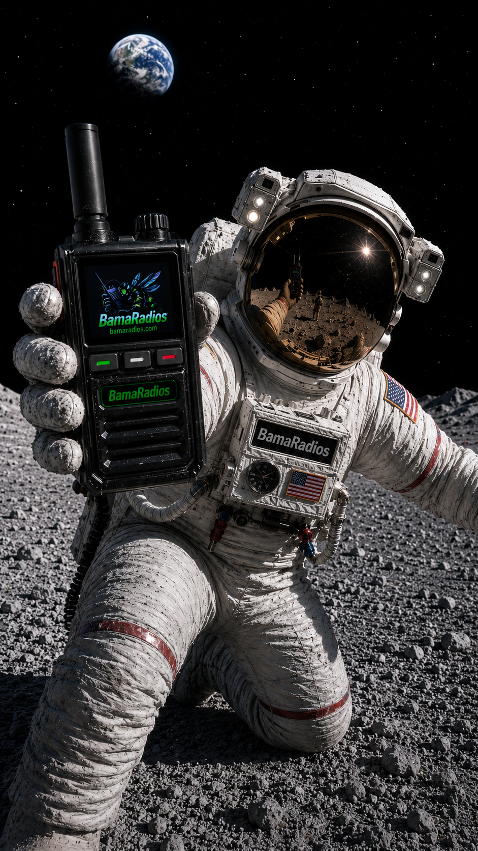 An astronaut on the moon holding a radio device with a screen that reads 'BamaRadios,' with Earth visible in space overhead. The astronaut's suit bears American flags and radio equipment, with a lunar surface of rocks and dust.