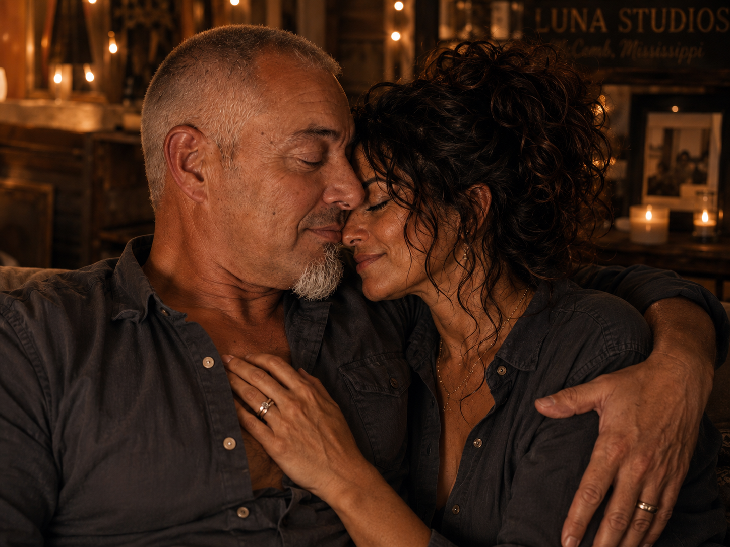 A couple sharing an intimate moment with foreheads touching, eyes closed, and gentle smiles, in a cozy, candlelit setting.