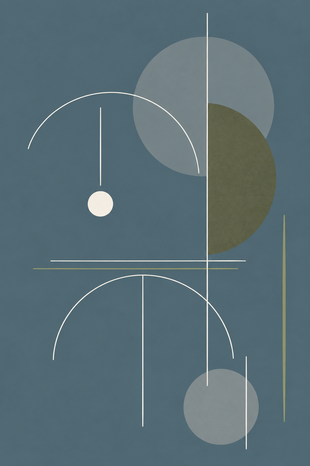 Abstract geometric artwork with overlapping circles, lines, and arcs in muted colors on a dark teal background.