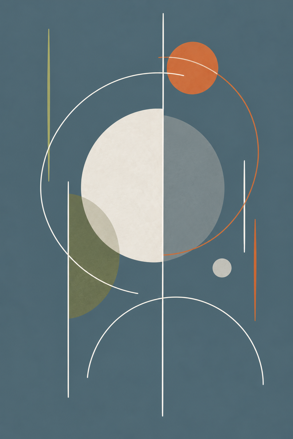 Abstract geometric artwork with circles, lines, and shapes in muted tones of blue, white, green, orange, and gray.