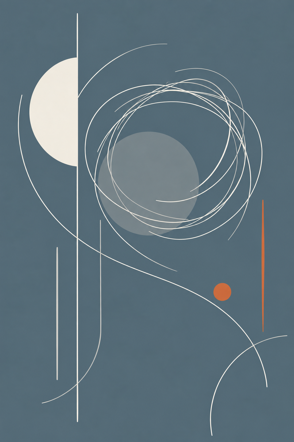Abstract artwork with a dark blue background, featuring various white curved and straight lines, a large white semicircle on the left, a smaller gray circle in the center, a small orange circle near the bottom right, and an orange vertical line on the right side.
