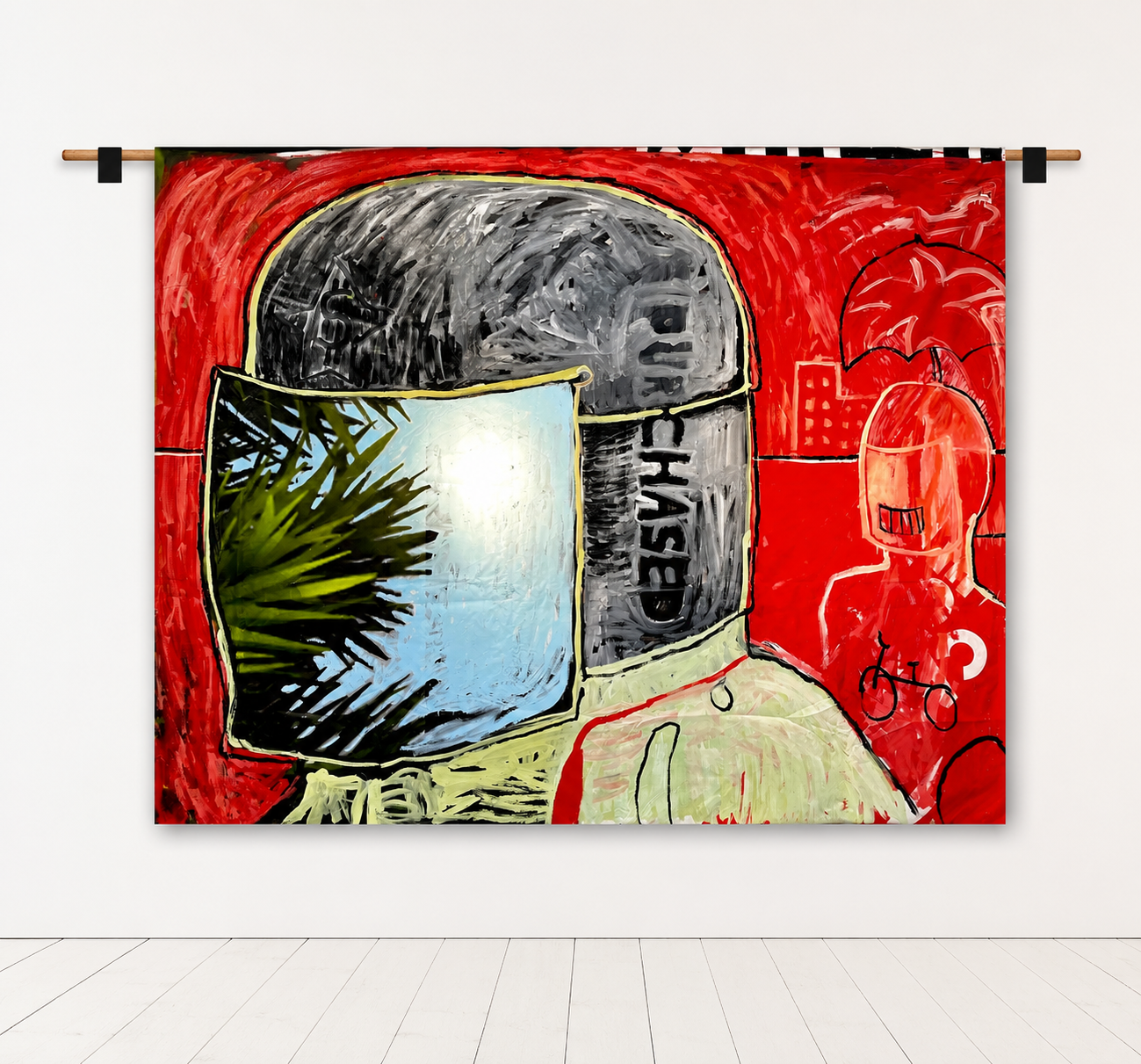 Merchandise
Acrylic on Repurposed Advertising Tarp with Hanging Rod and Hardware
90" x 114"
2023