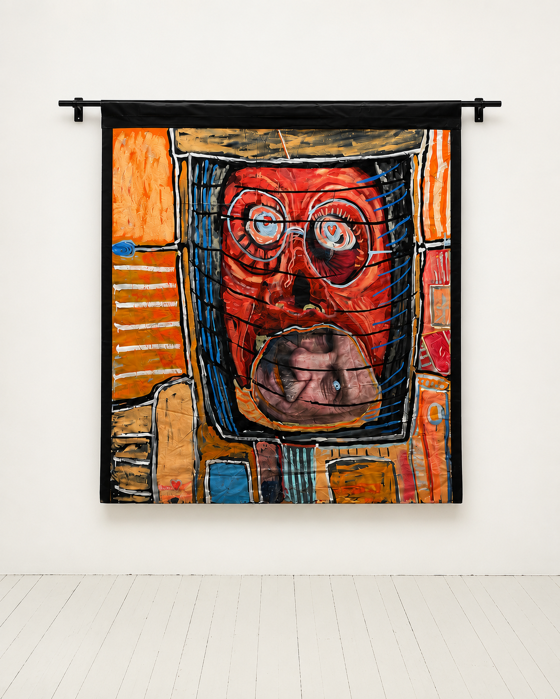 KKKop Shot (1 side of a 2 Faced Painting"
Acrylic o n Repurposed Vinyl Advertising Tarp with Gorilla Tape Border with Hanging Rod
68" x 72"
2023
