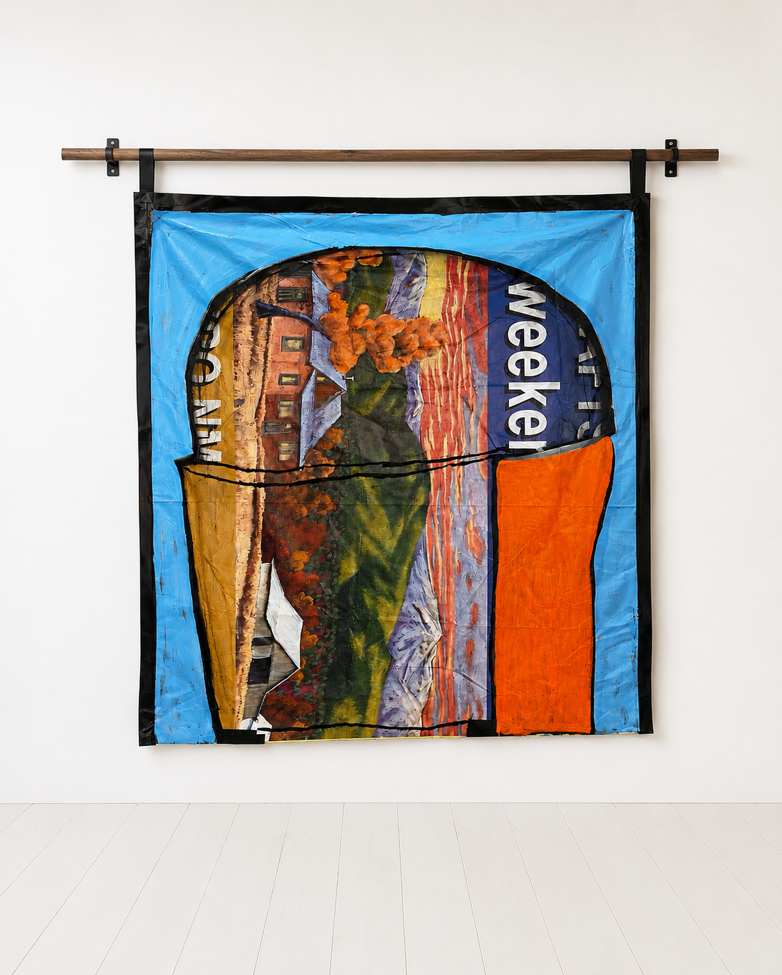 Weekend Kop
Acrylic on Repurposed Advertising Tarp with Hanging Rod and Hardware
70" x 65"
2023
