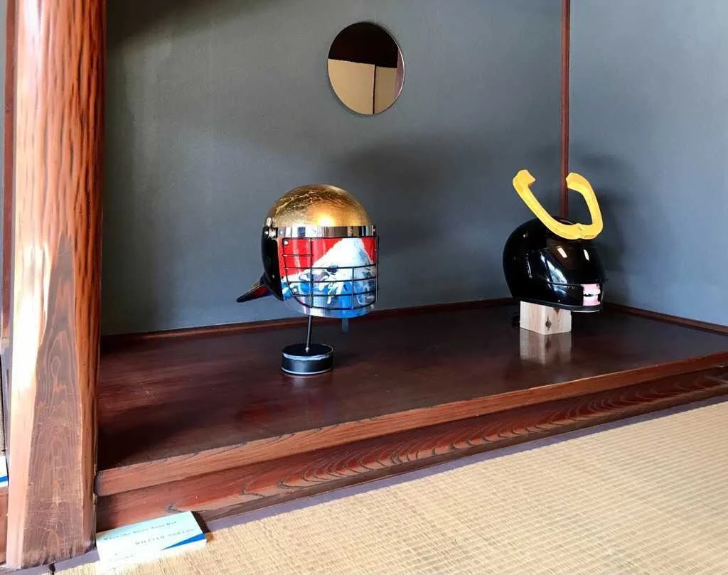 "When the Mountain Blesses the Rain" [as shown in the Kameyama Triennale]

Acrylic and Imitation Gold Leaf on Police Riot Helmet
18" x 12" x 10.5"
2024