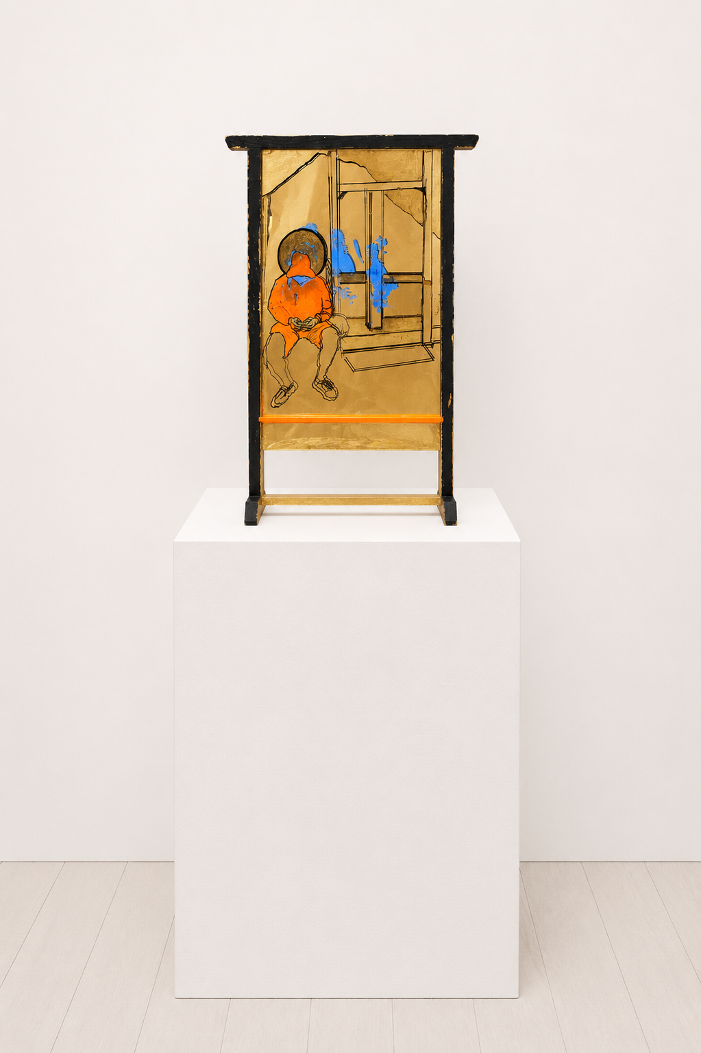 Scrollin' on the L 2 (a 2 Faced painting)

Acrylic with Imitation Gold Leaf on Plexiglass with Plexiglass Mirror in Artist Built Frame
24" x 18" x 5"
2025