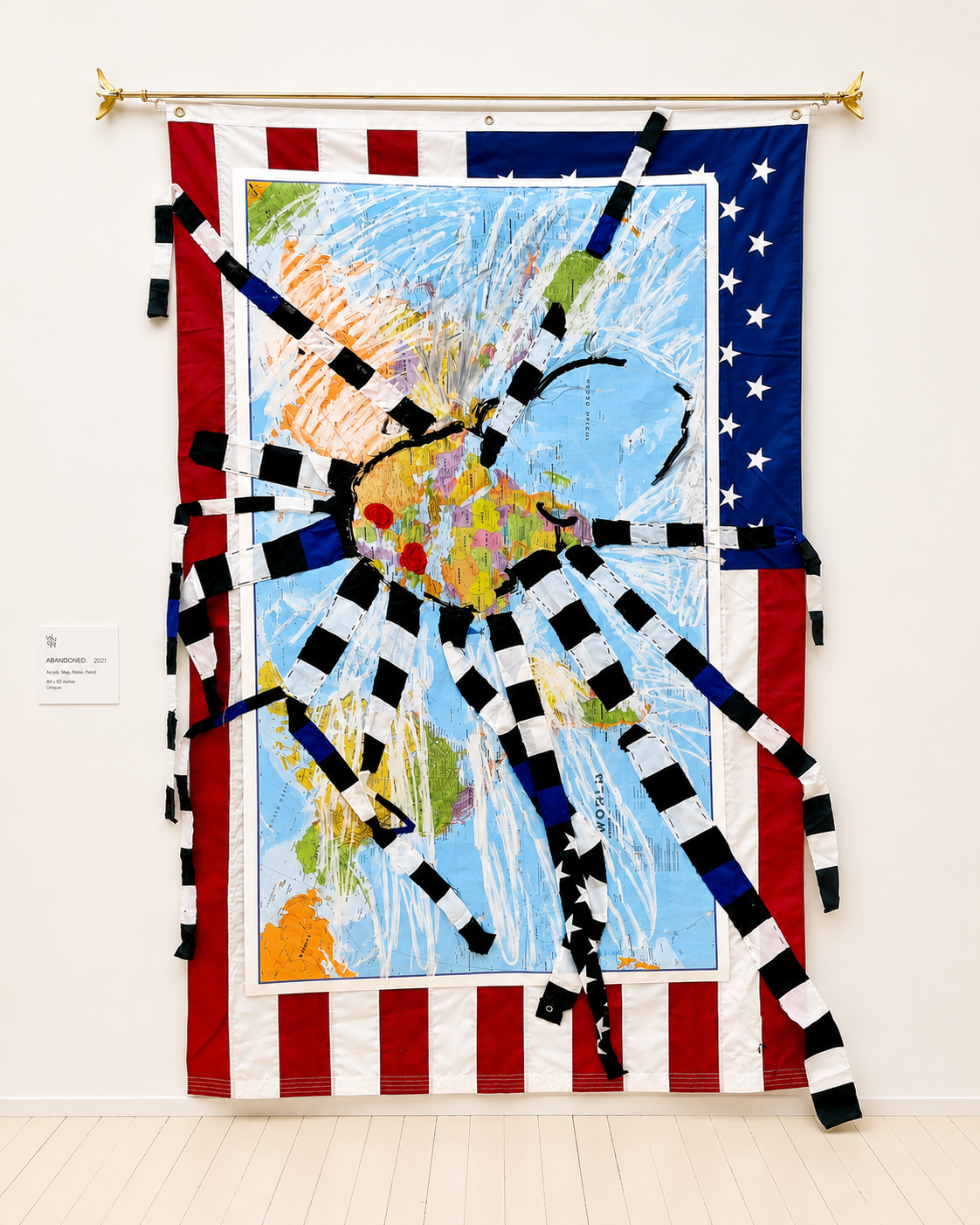Aracnid
Acrylic and Oil Stick with              cop Flag and American Flag with Global Map with Hanging Rod and Hardware
98" x 66"
2021