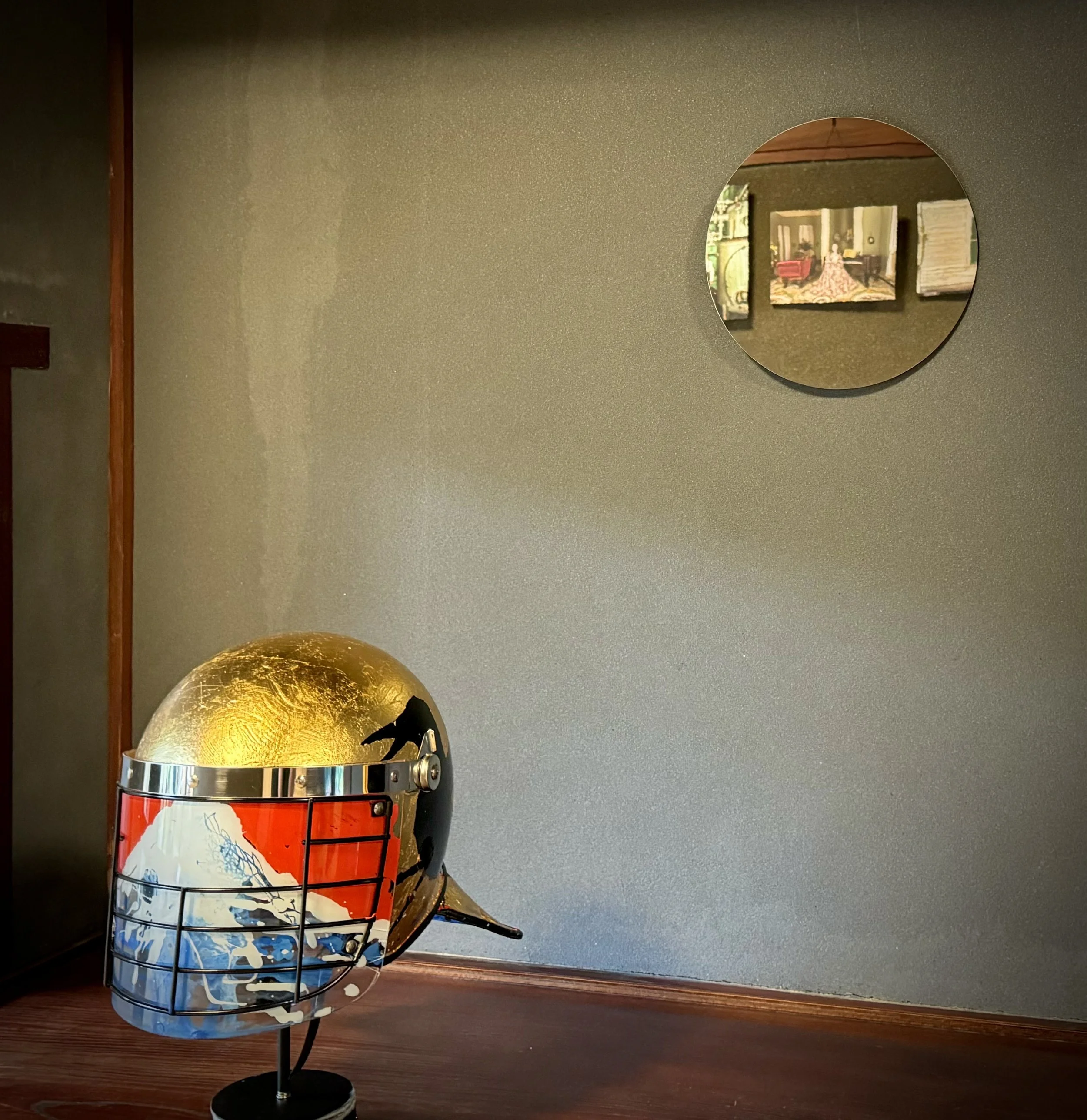 "When the Mountain Blesses the Rain" [as shown in the Kameyama Triennale]

Acrylic and Imitation Gold Leaf on Police Riot Helmet
18" x 12" x 10.5"
2024
