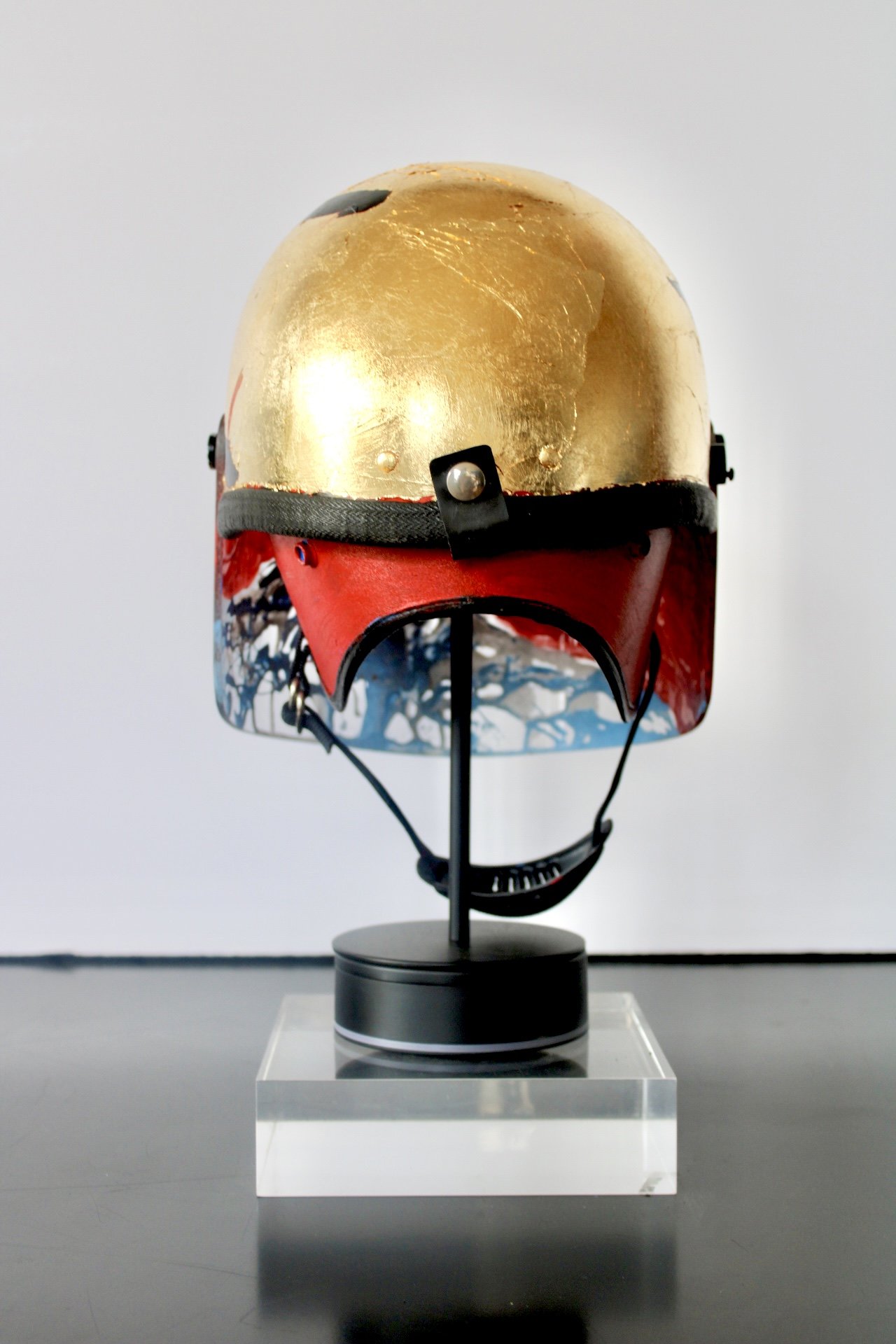 " Fuji and Crows" [rear view]

Acrylic and Imitation Gold Leaf on Police Riot Helmet
18" x 12" x 10.5"
2024