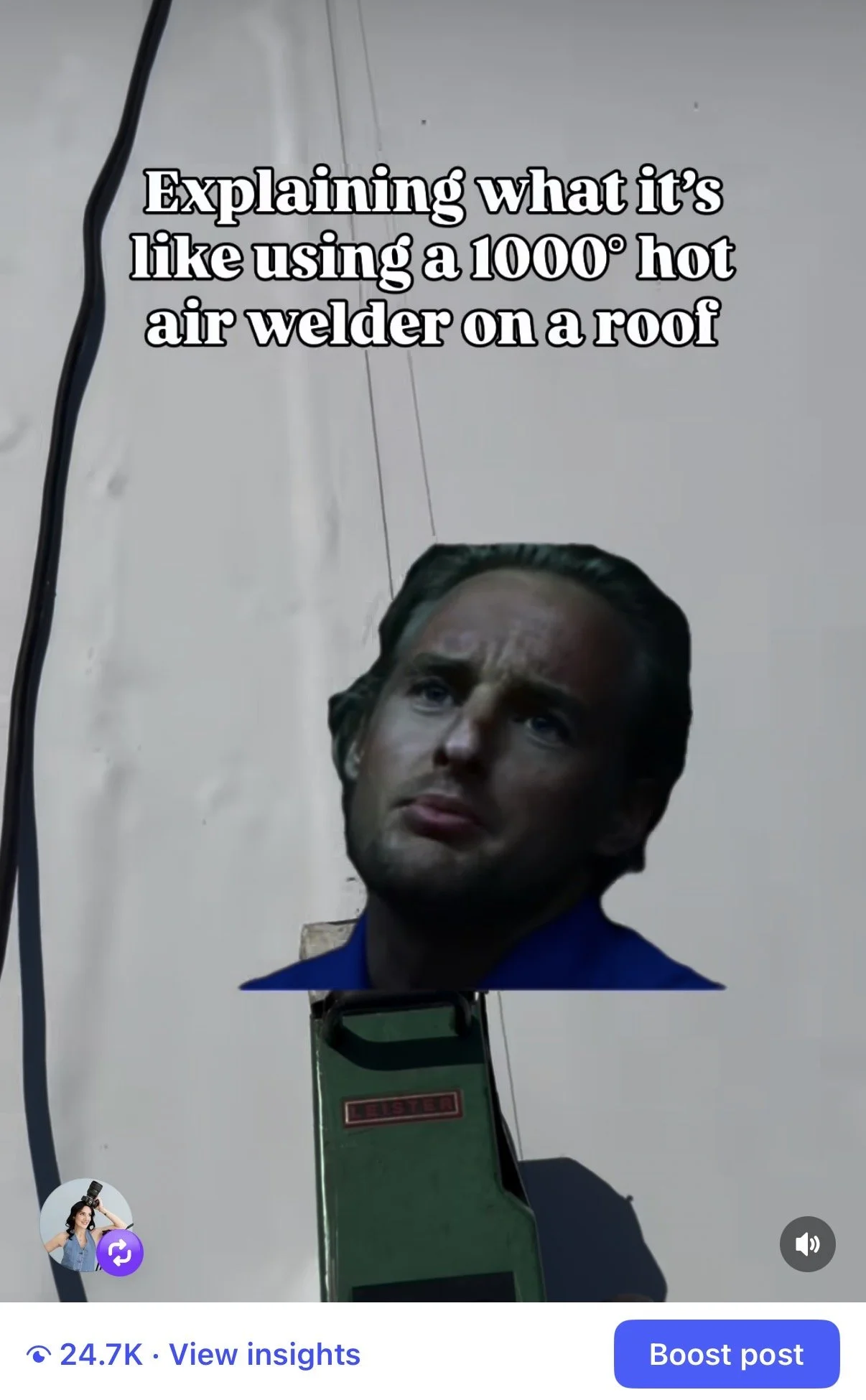 A person with a face cutout of a man with slicked-back hair and a blue jacket placed in front of a blue police badge. The cutout appears to be held up in front of an electrical tool. The image has overlaid text that says, "Explaining what it’s like u